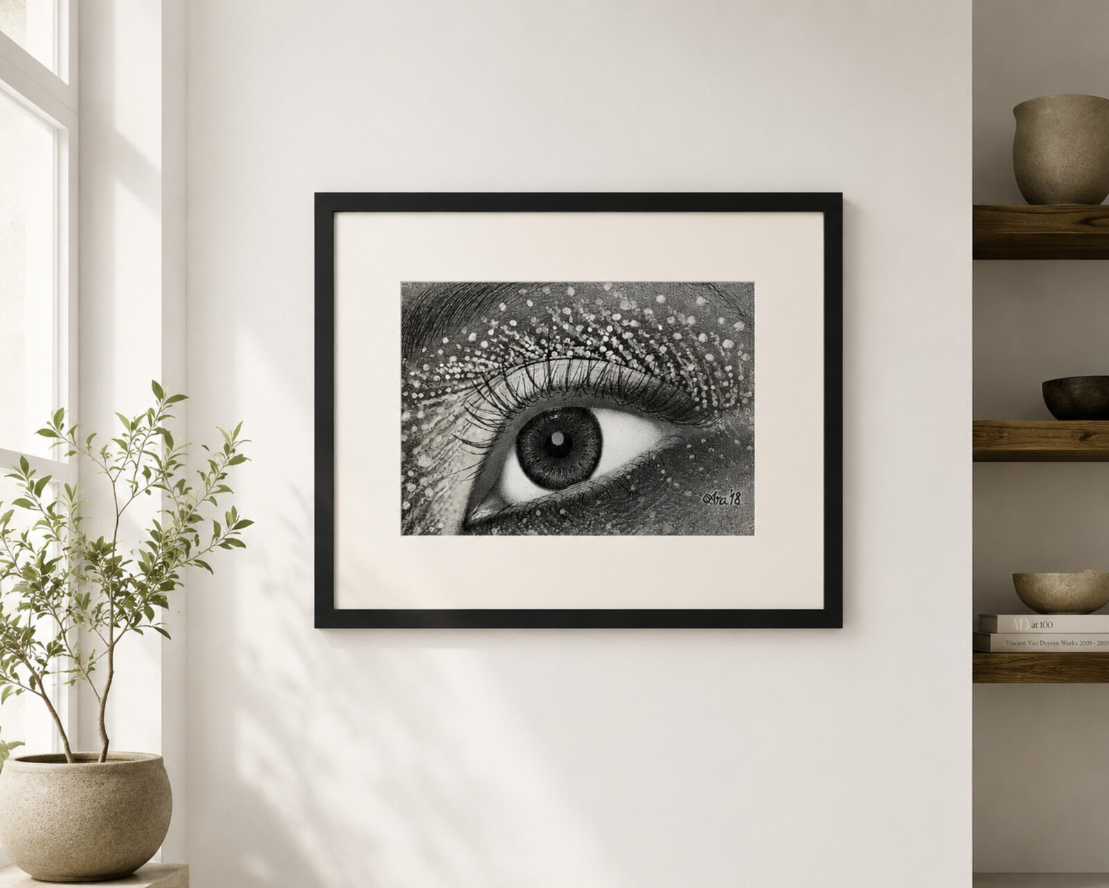 A hyper-realistic monochrome drawing of an eye filled with floating particles.