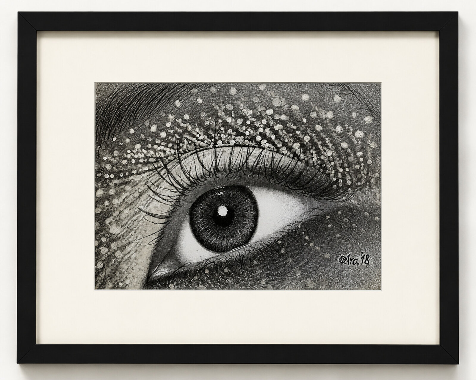 A hyper-realistic monochrome drawing of an eye filled with floating particles.