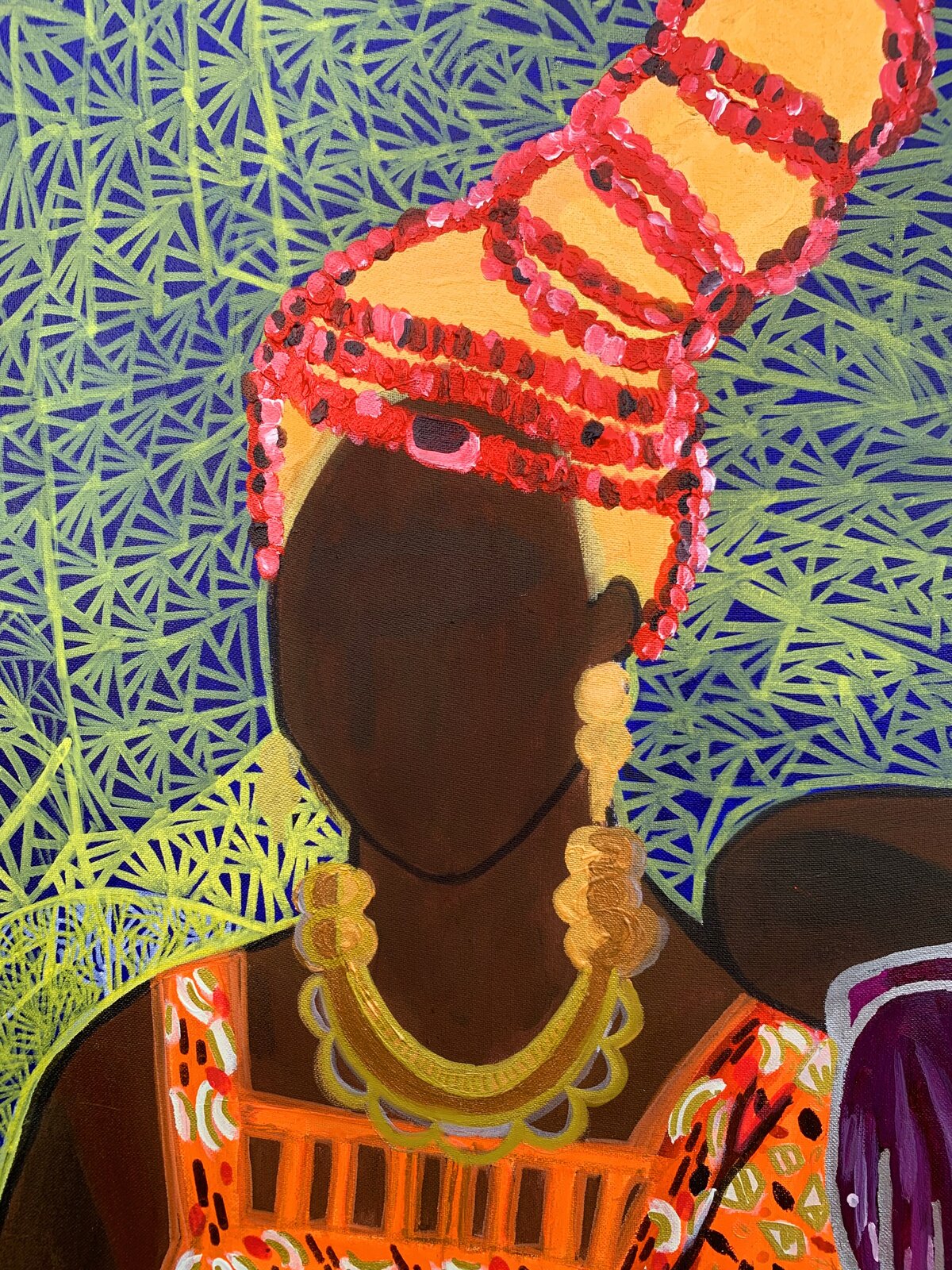 A vibrant painting of two figures in colorful patterns seated against a geometric background.
