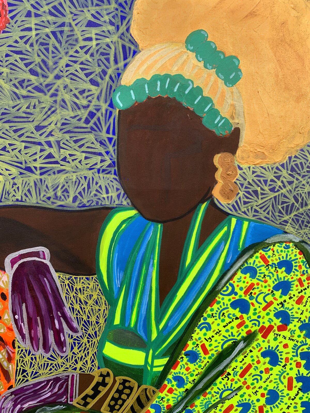 A vibrant painting of two figures in colorful patterns seated against a geometric background.
