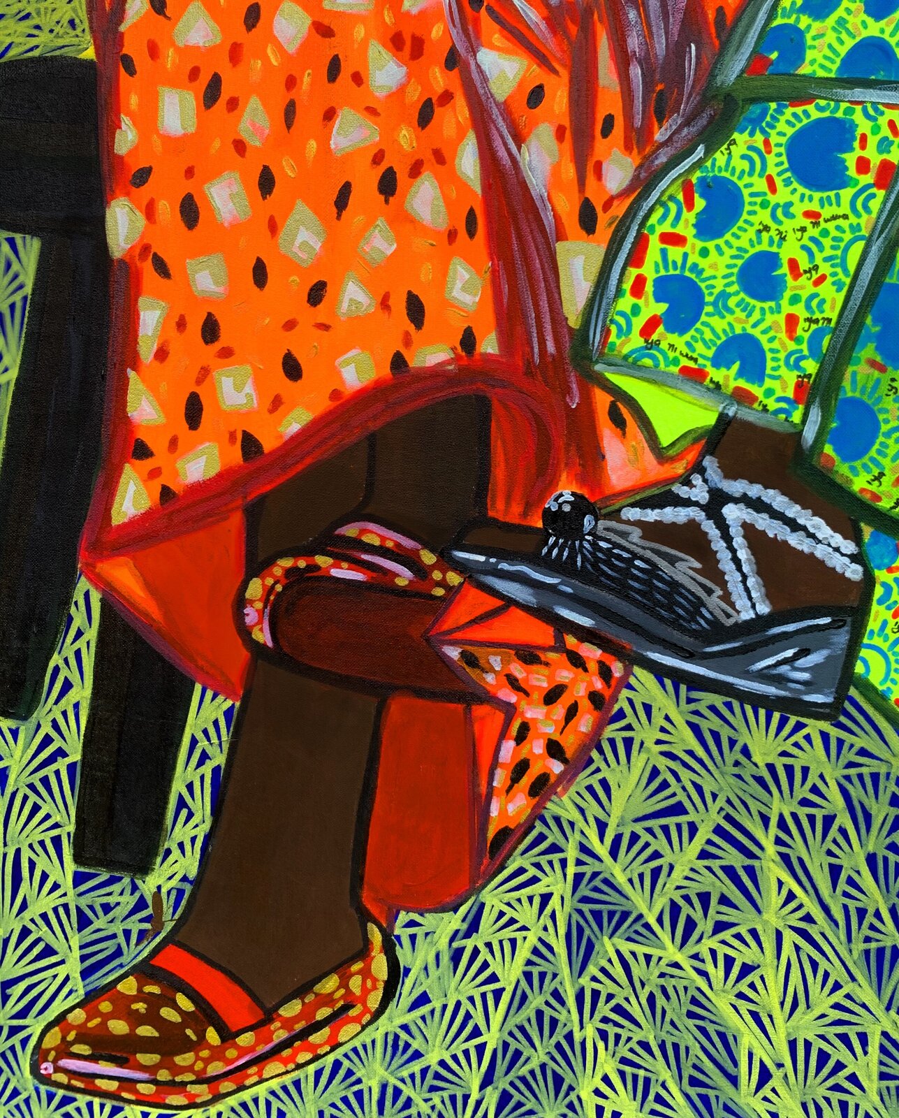 A vibrant painting of two figures in colorful patterns seated against a geometric background.