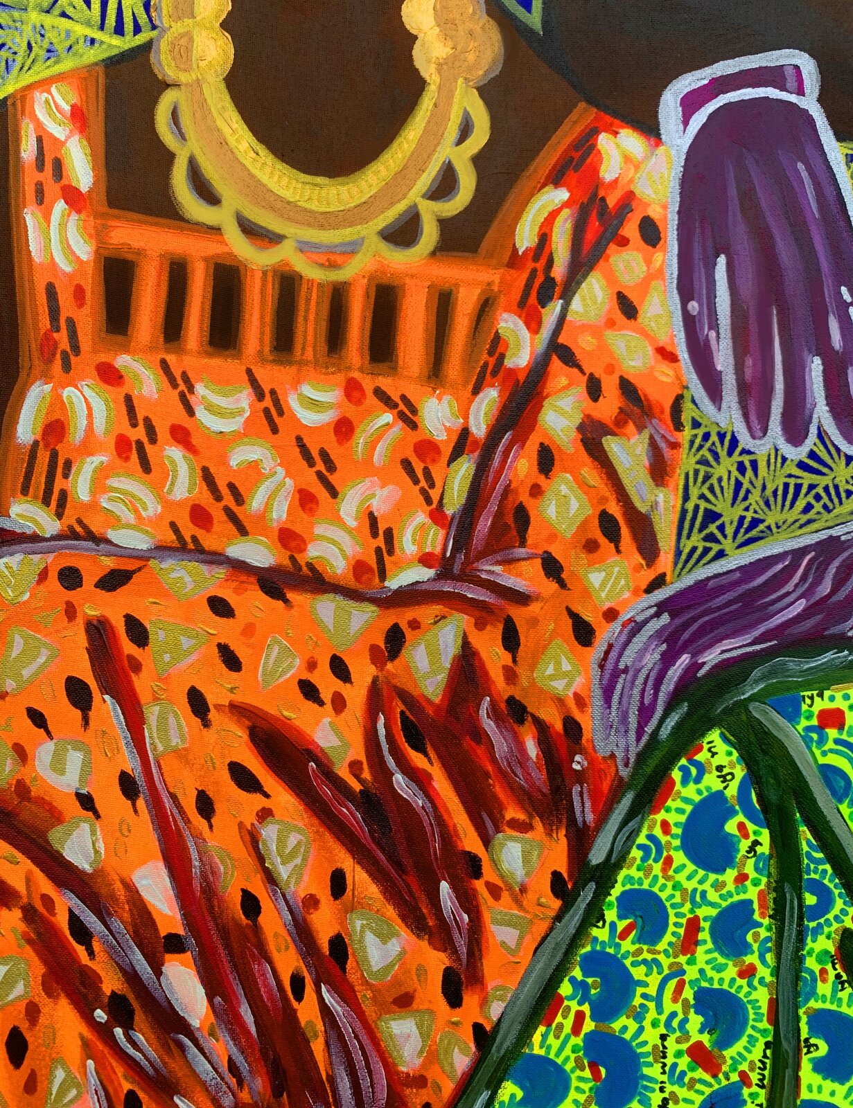 A vibrant painting of two figures in colorful patterns seated against a geometric background.