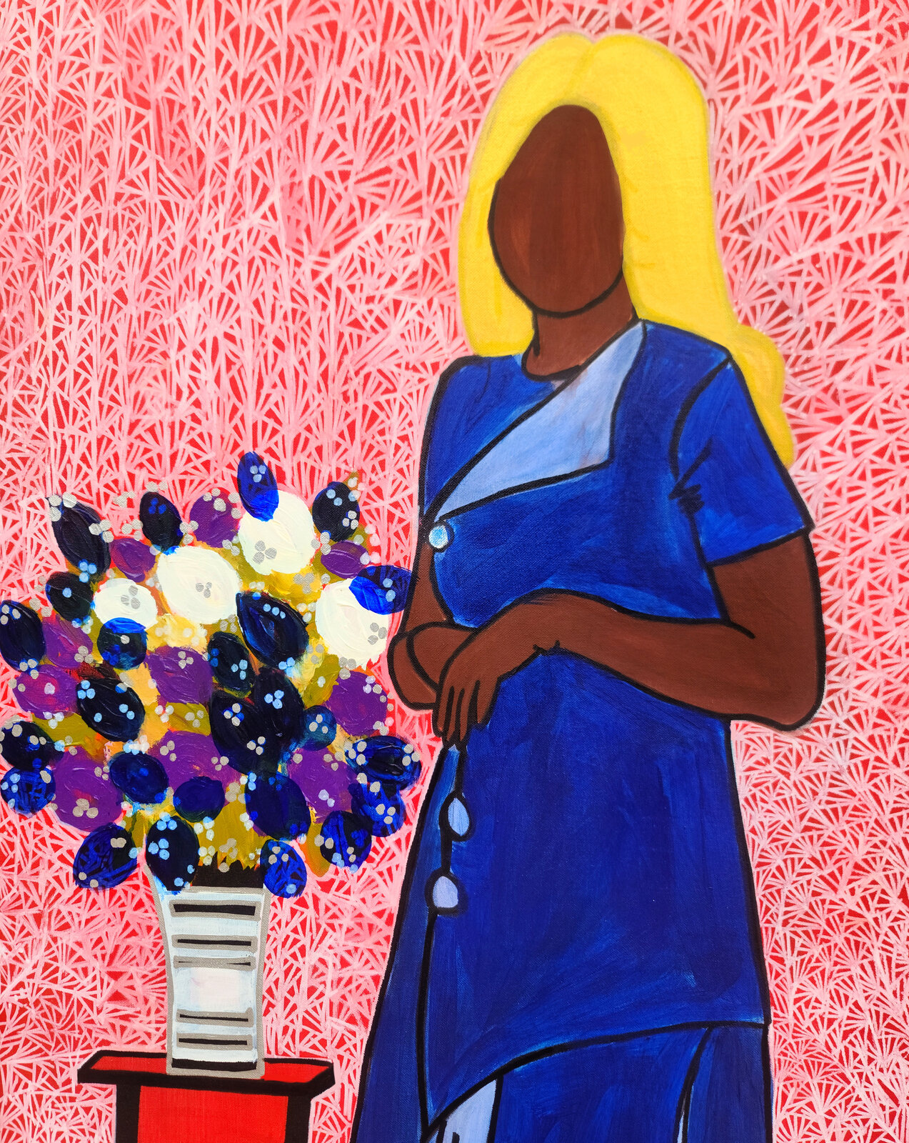 A stylized composition of two figures in blue dresses against a textured red background.