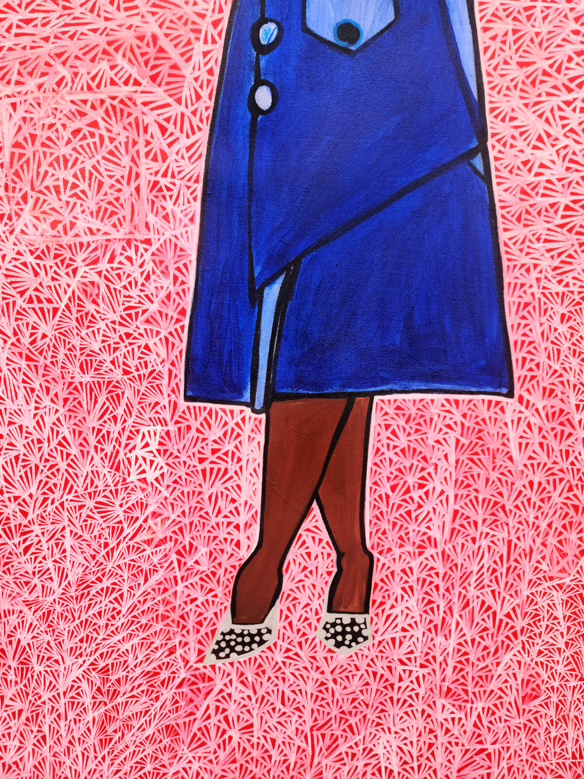 A stylized composition of two figures in blue dresses against a textured red background.