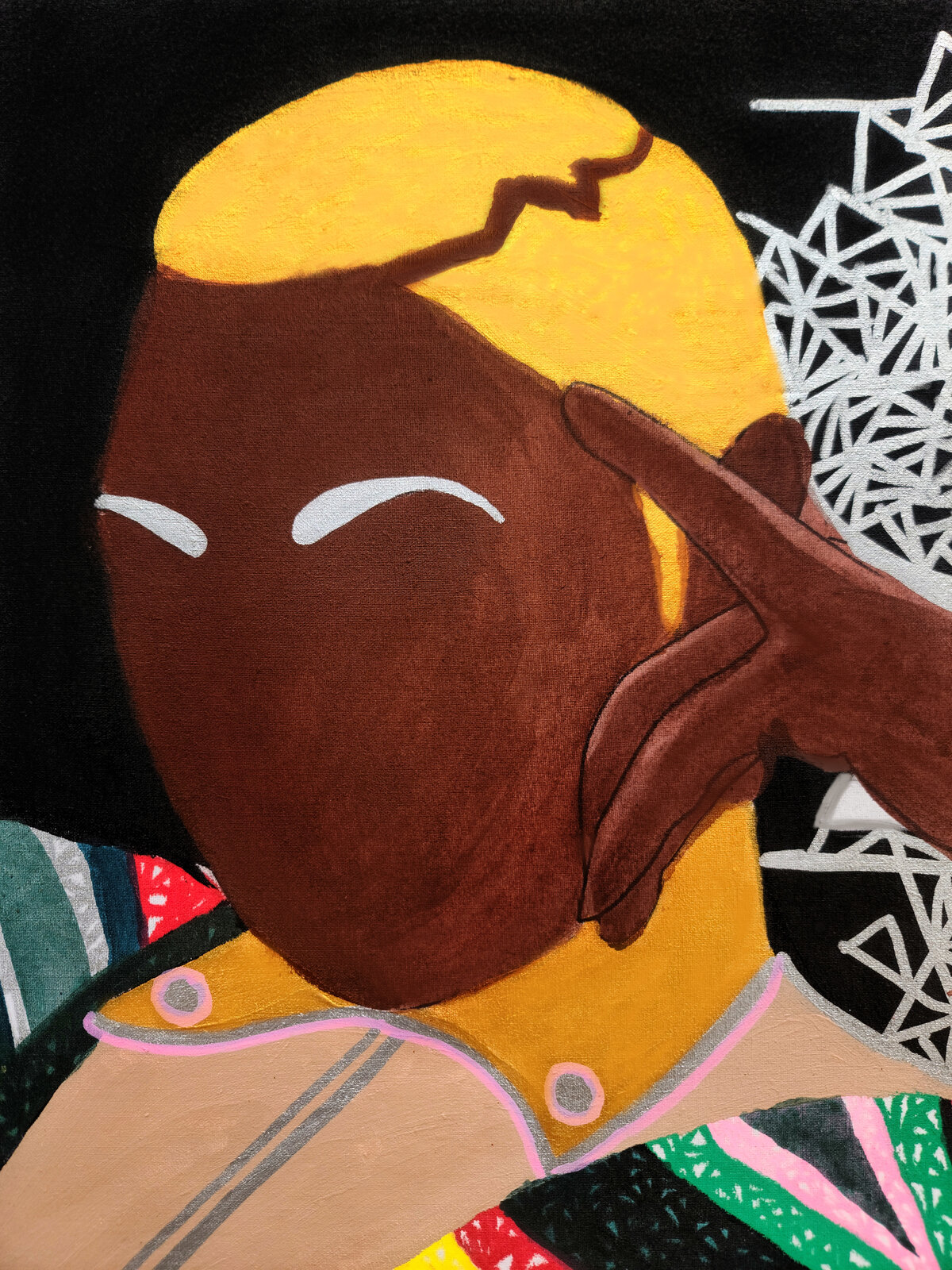 A colorful, stylized portrait of a figure in a vibrant patterned outfit against a starry night sky.