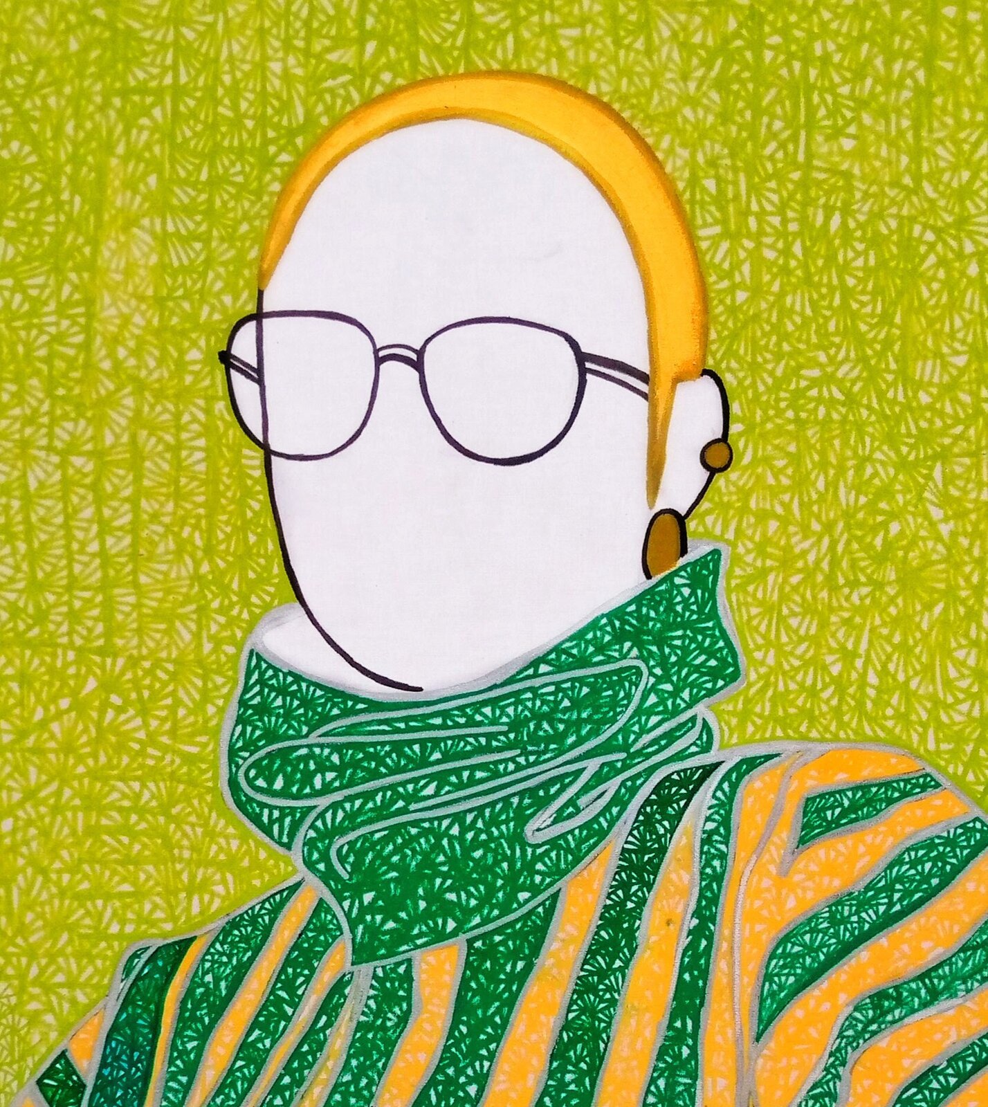 A stylized figure in a striped turtleneck holds a glass against a textured lime-green background.