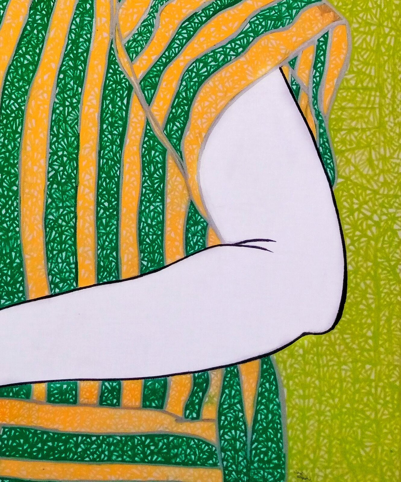 A stylized figure in a striped turtleneck holds a glass against a textured lime-green background.