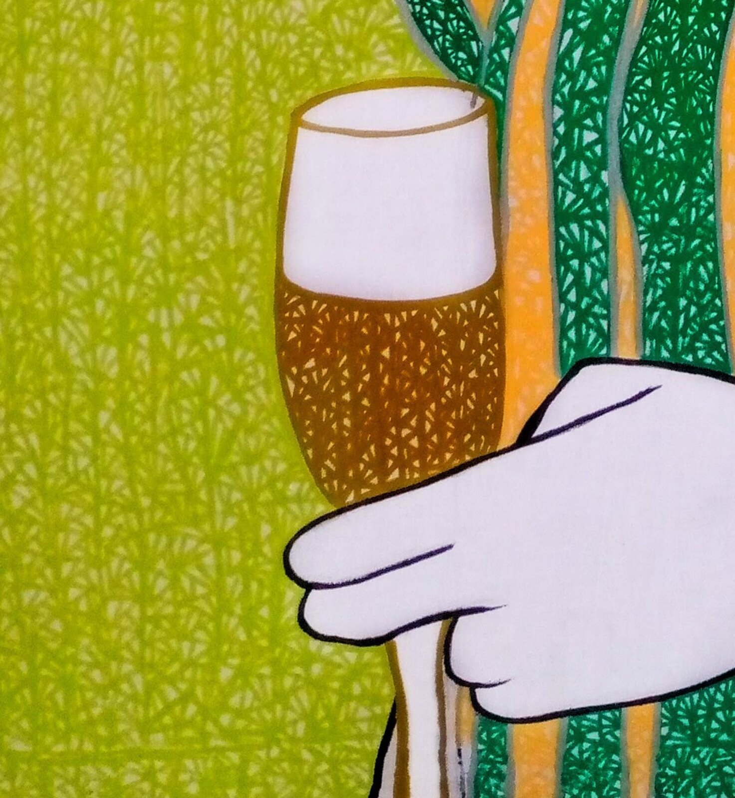 A stylized figure in a striped turtleneck holds a glass against a textured lime-green background.