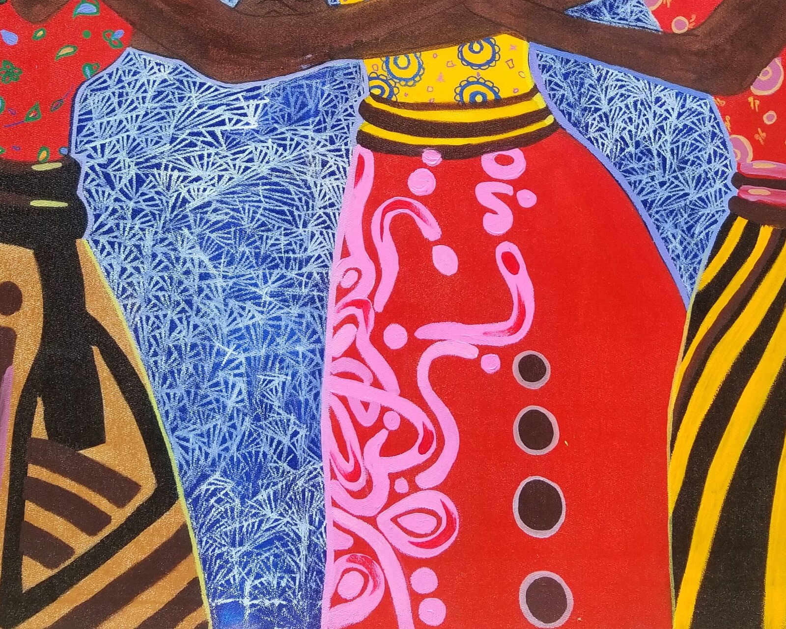 A vibrant painting of three figures in colorful traditional attire dancing together against a textured blue background.
