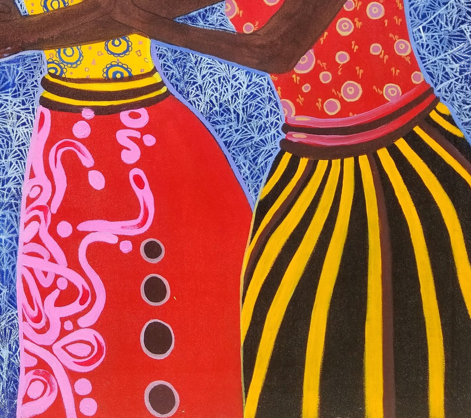 A vibrant painting of three figures in colorful traditional attire dancing together against a textured blue background.