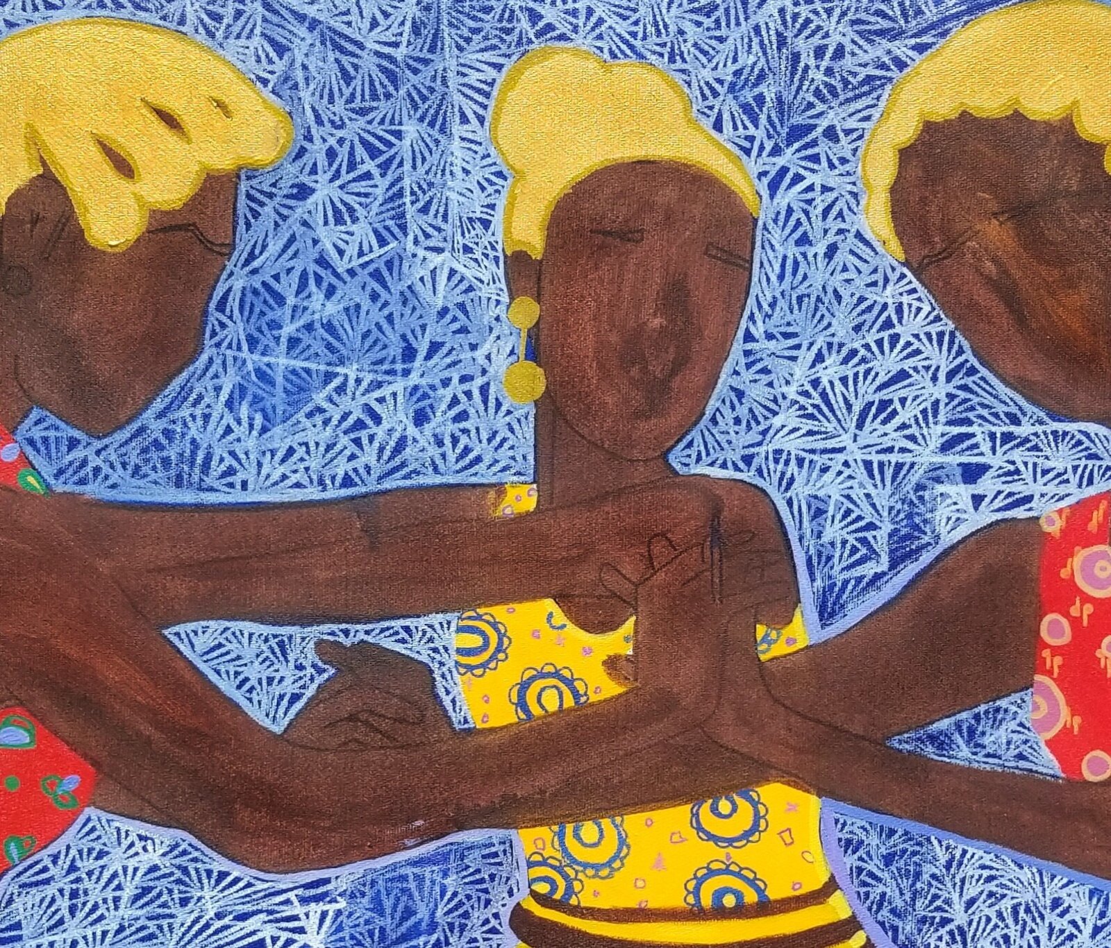 A vibrant painting of three figures in colorful traditional attire dancing together against a textured blue background.