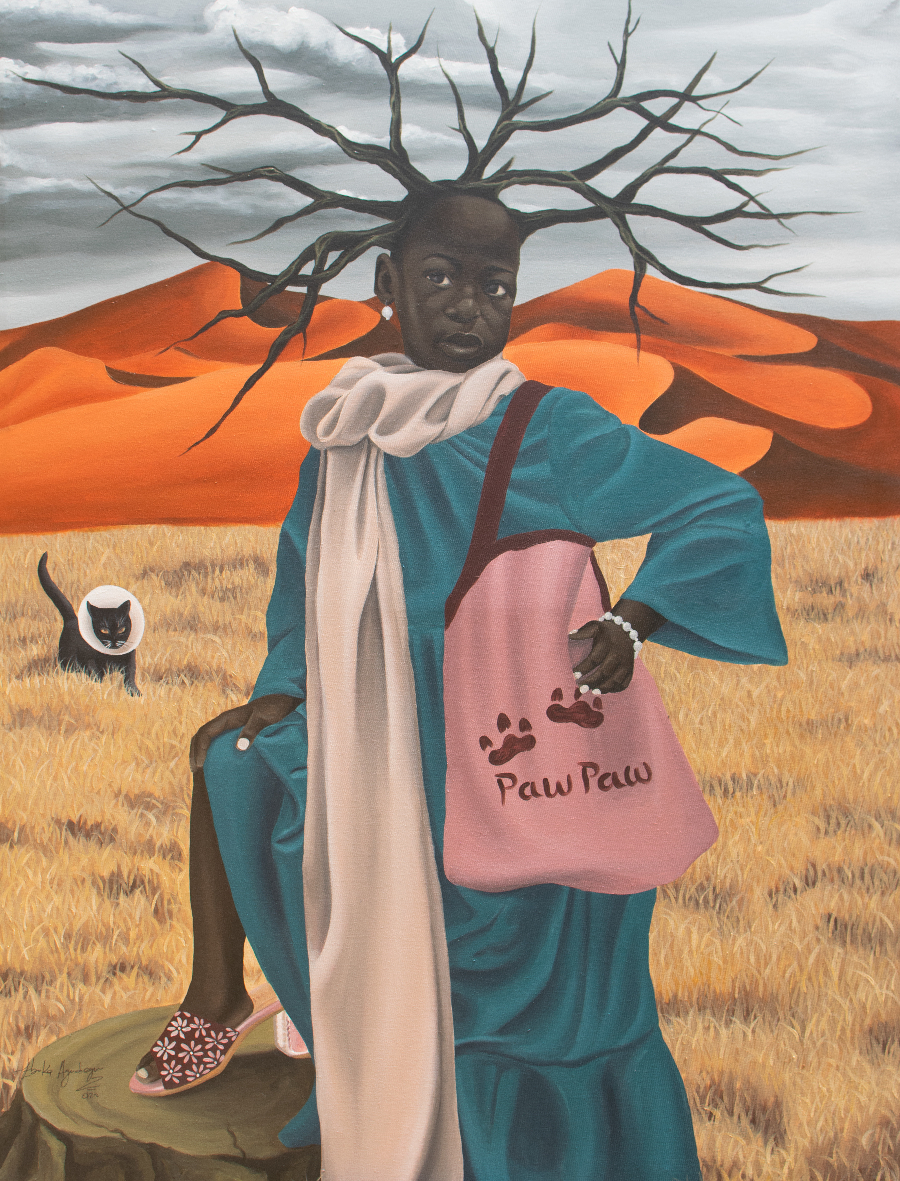 A painting of a woman with a dog in a field.
