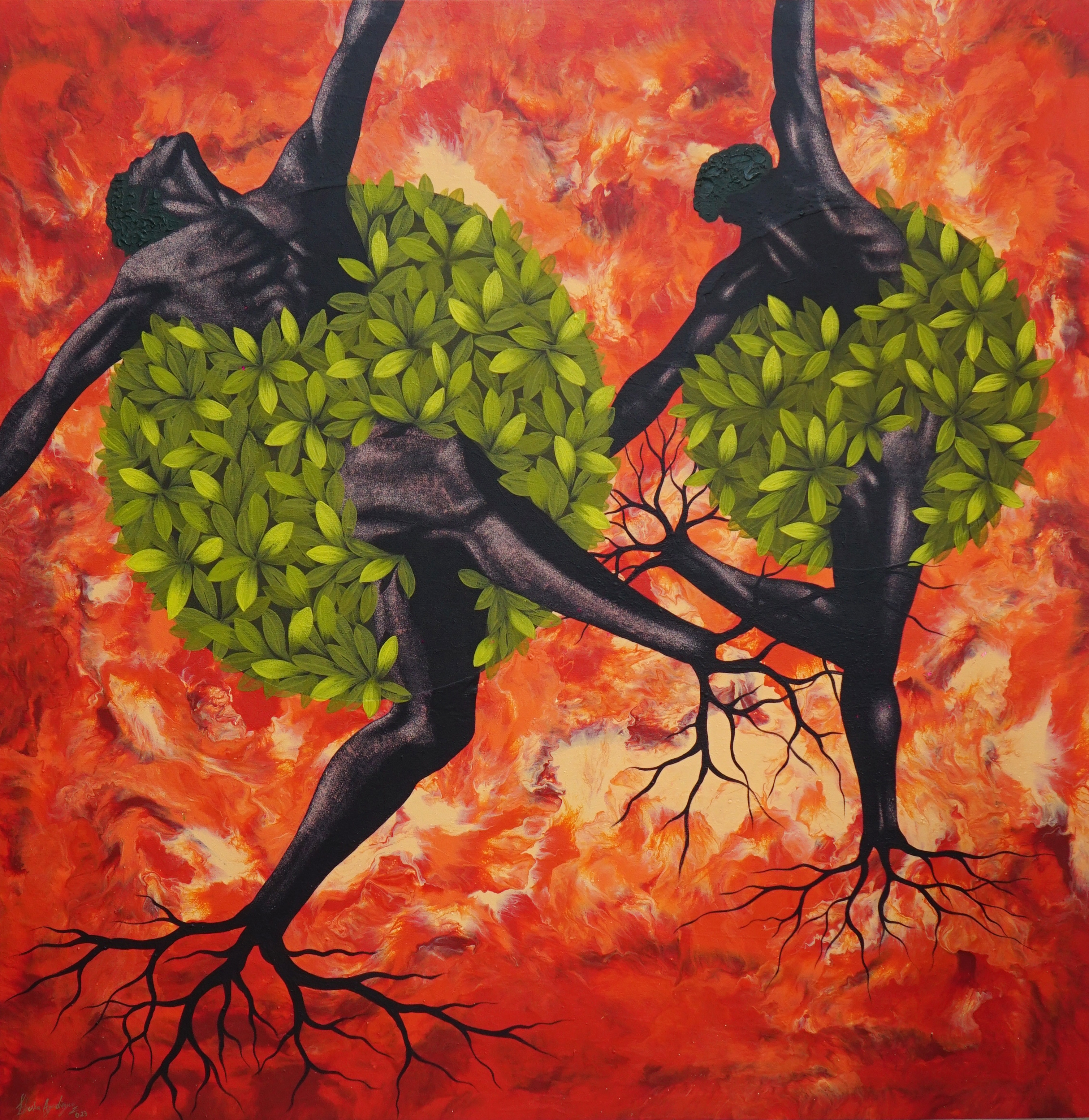 A painting of two people with trees growing out of their bodies.