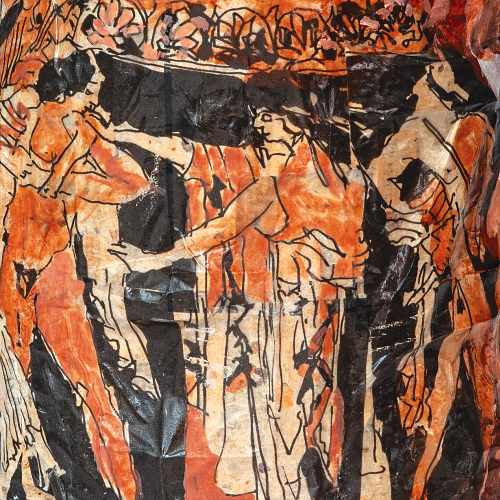A brown and black bag with a painting on it.