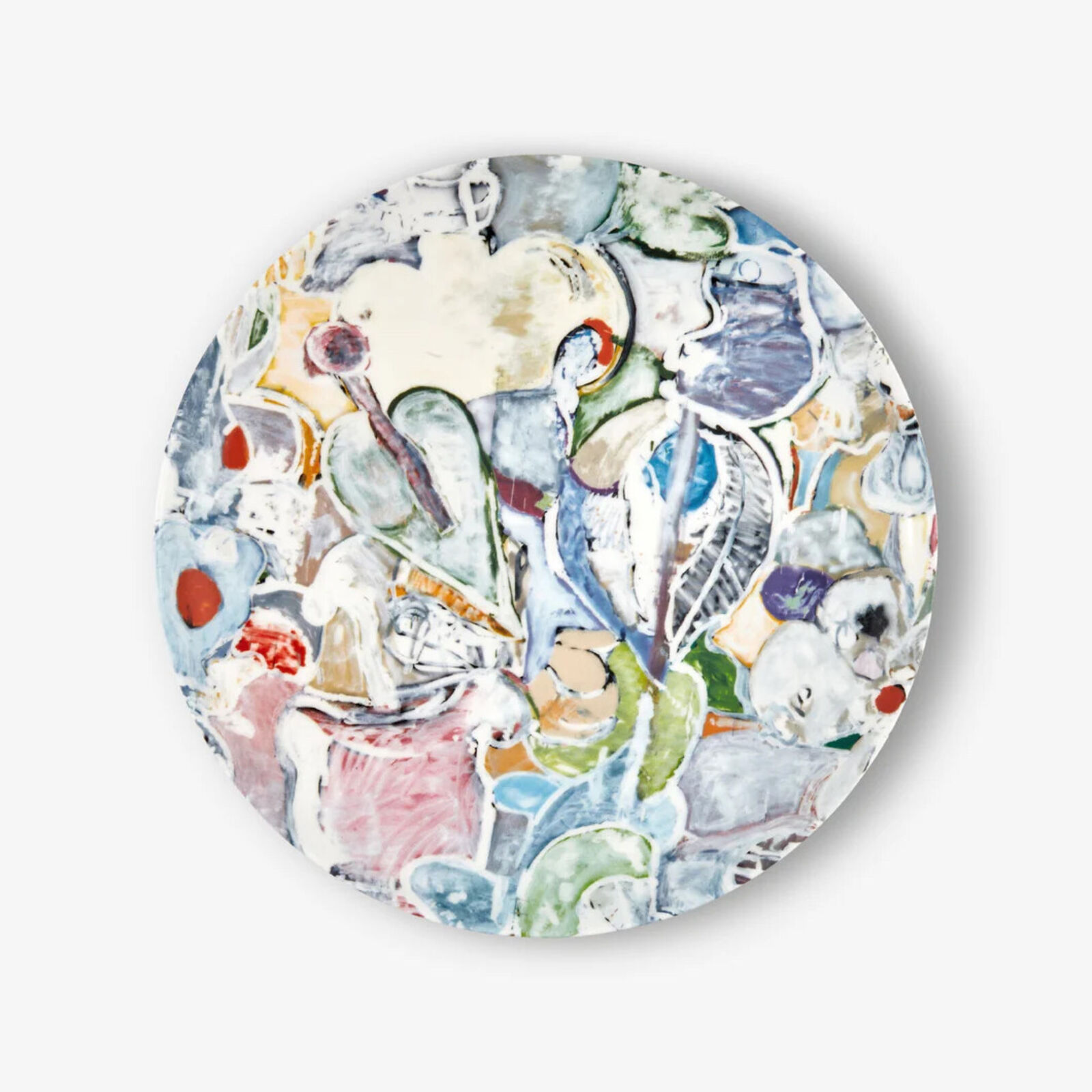 A circular painting on a white wall with a white background.