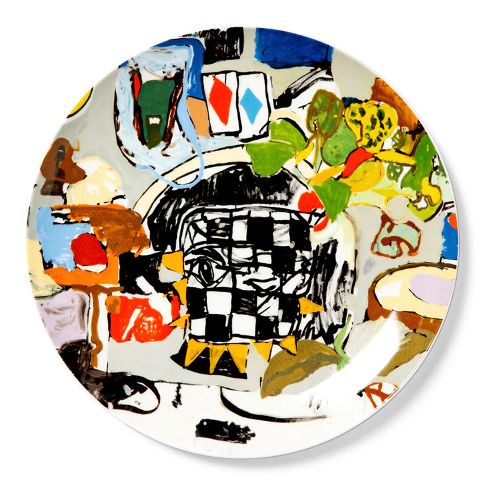 A plate with a painting on it on a white background.