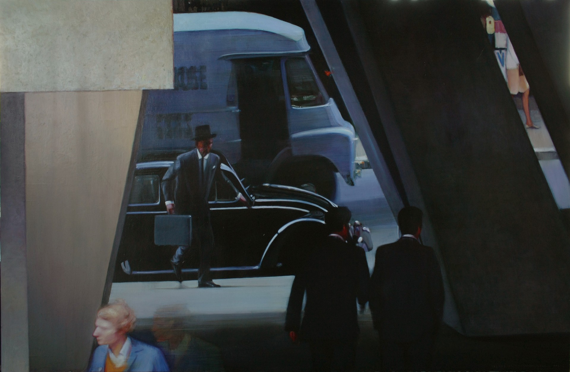 A painting of a man in a suit and hat standing next to a car.