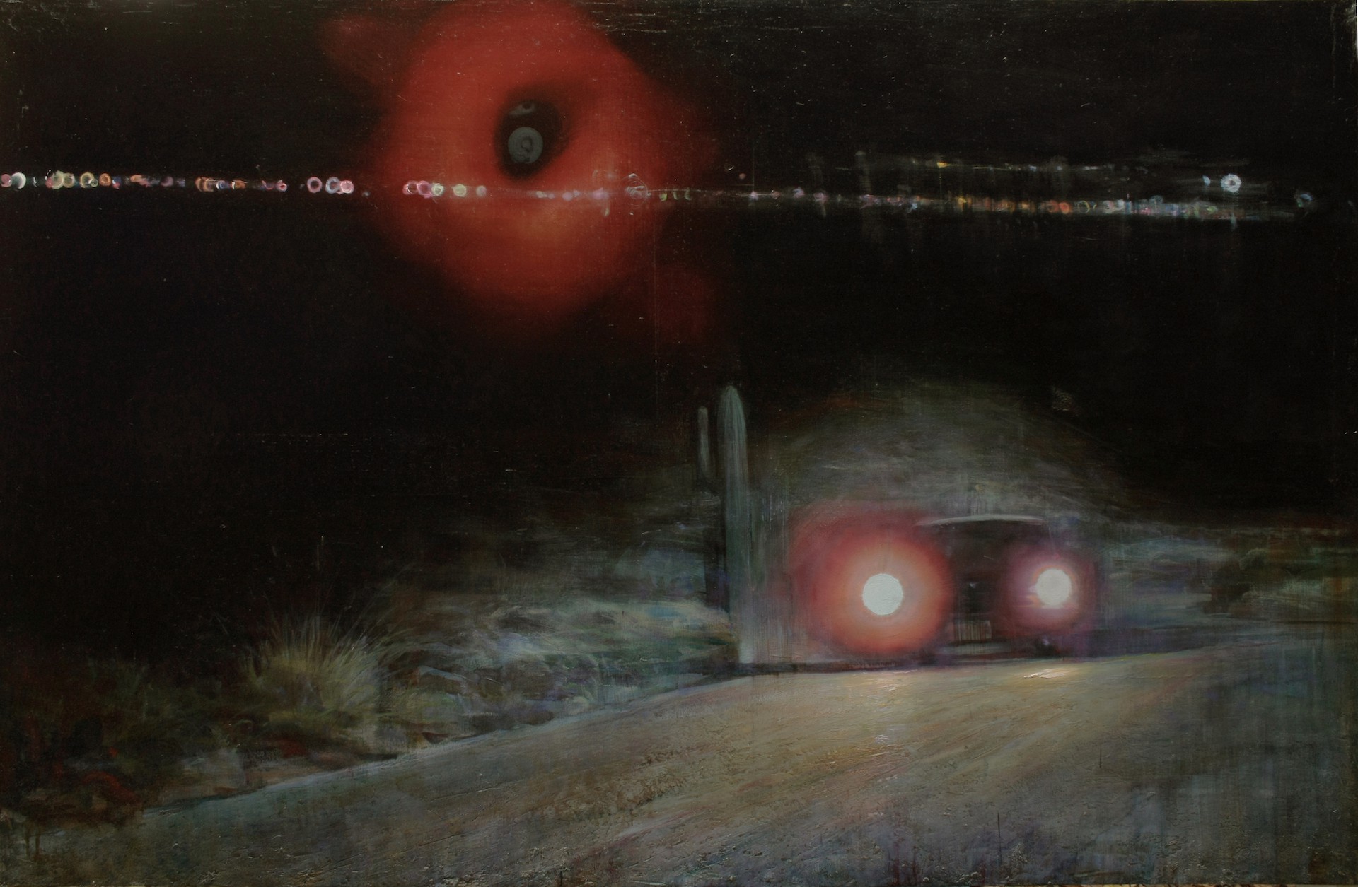 A painting of a car driving down a dirt road at night.