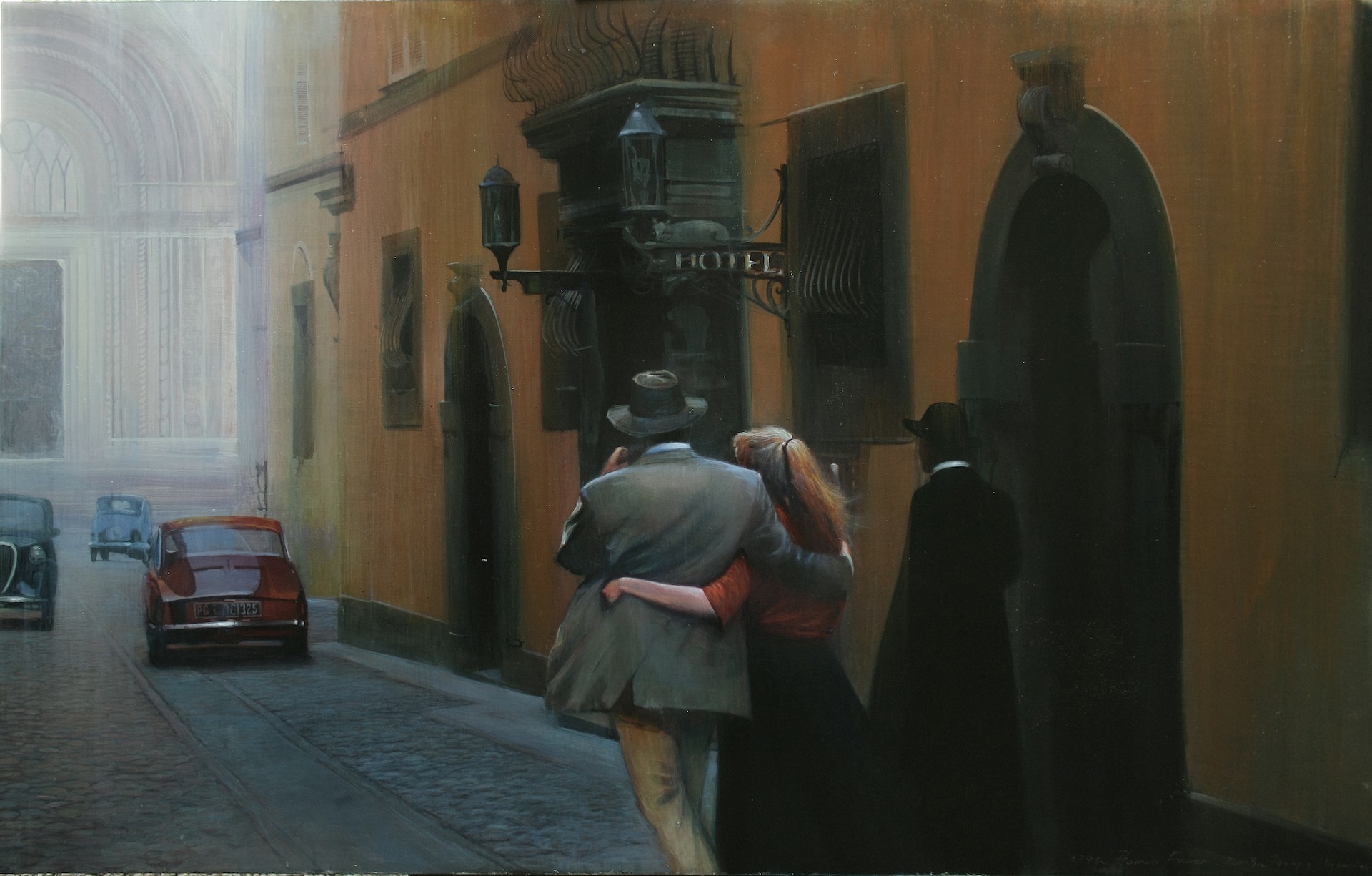A painting of a couple walking down a street.