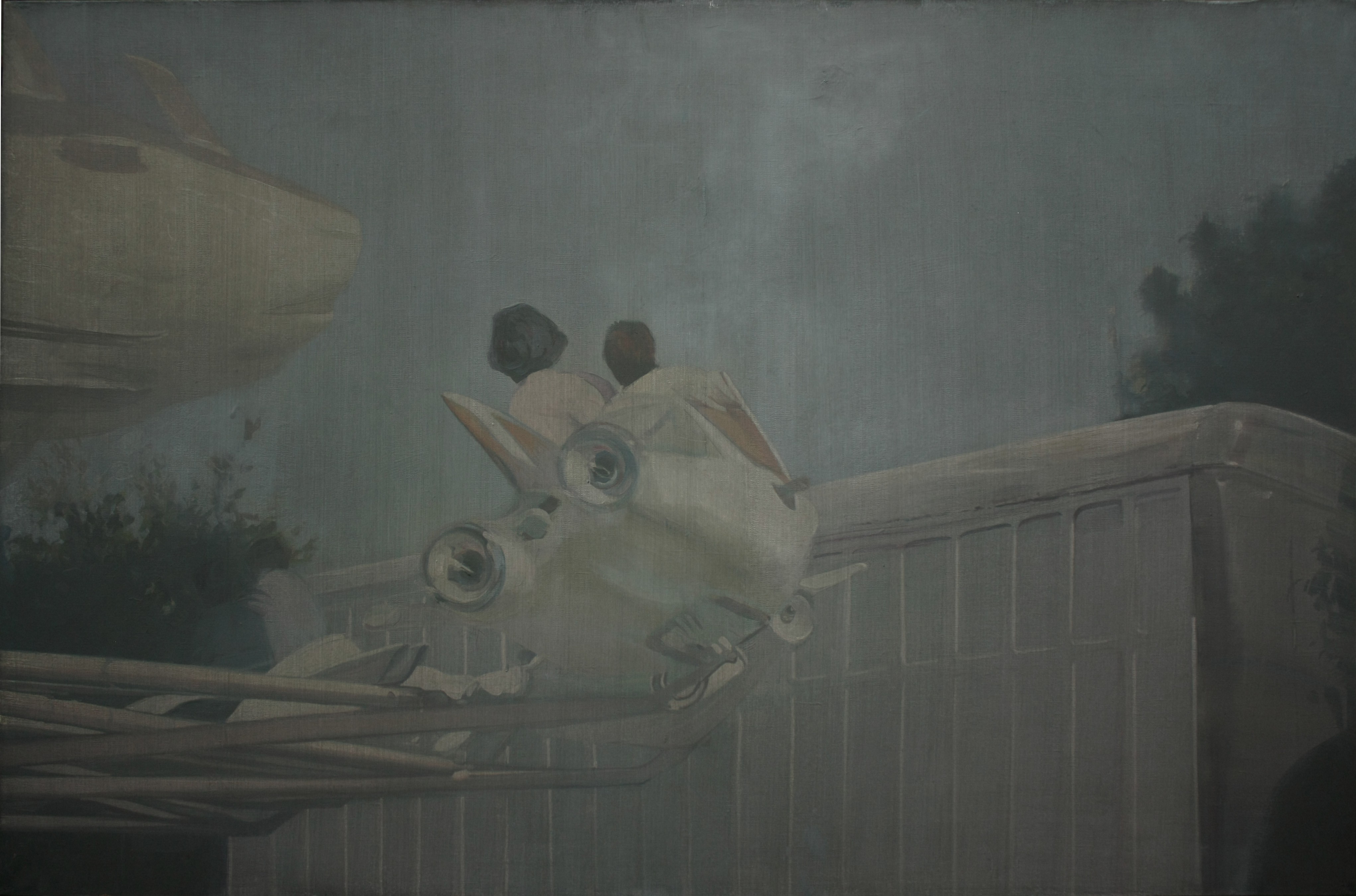 A painting of two people sitting on top of a building.
