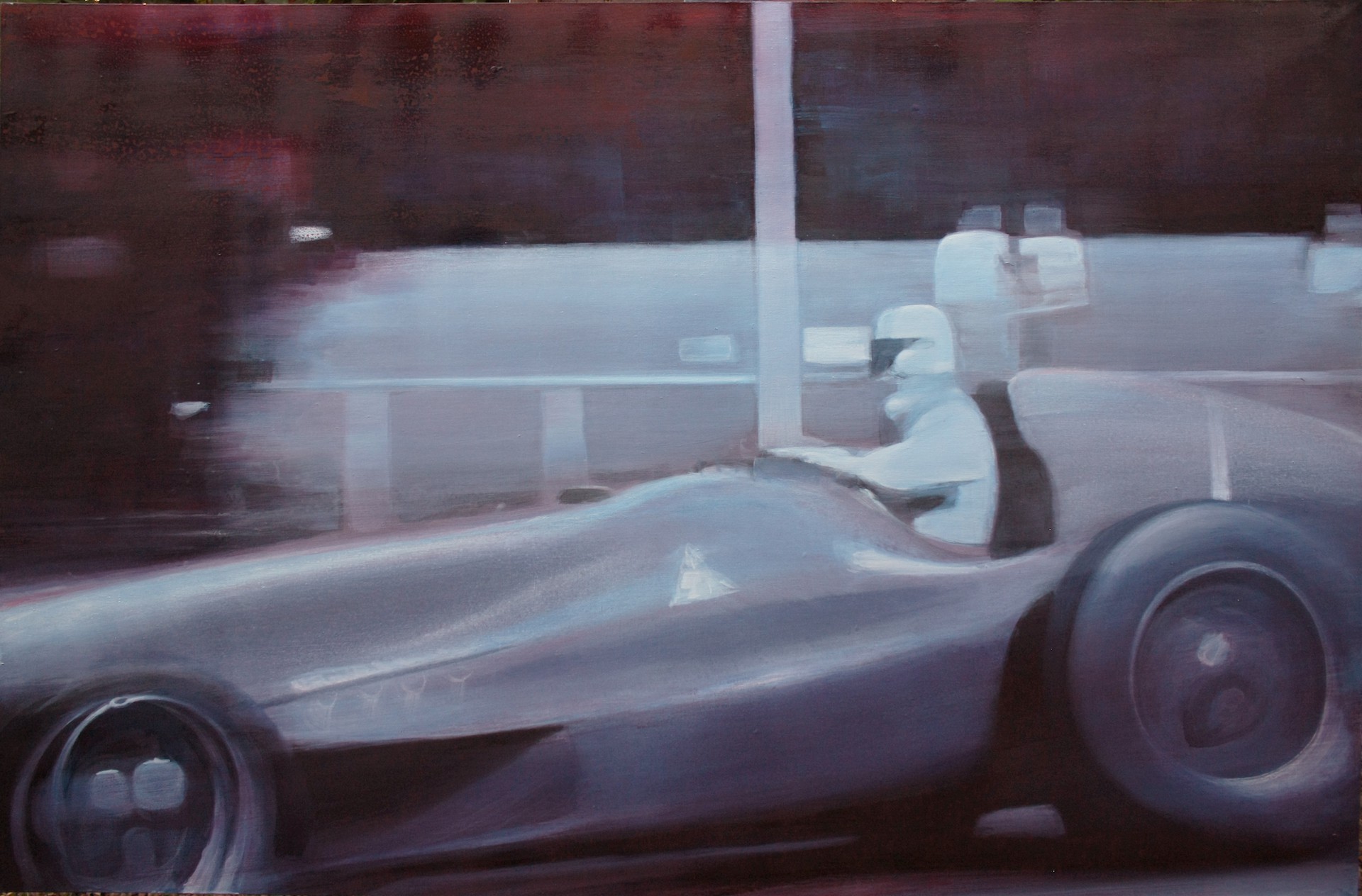 A painting of a man driving a race car on a track.