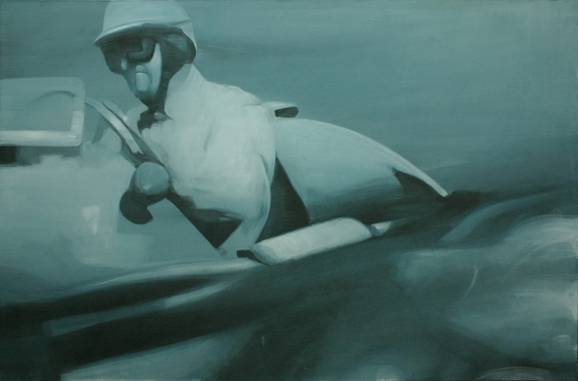 A painting of a man in a white coat and hat on a boat.