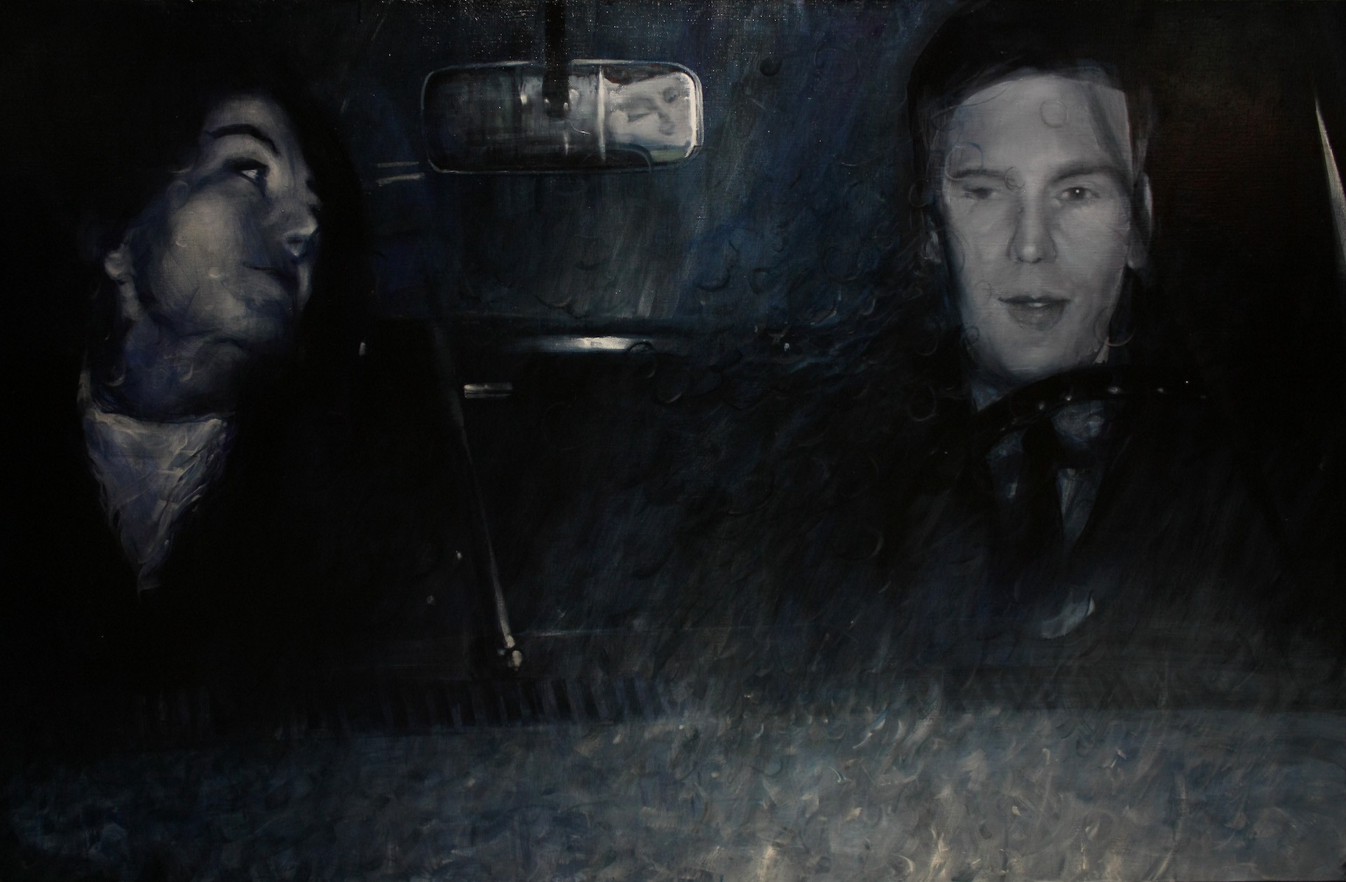 A painting of two people sitting in a car.