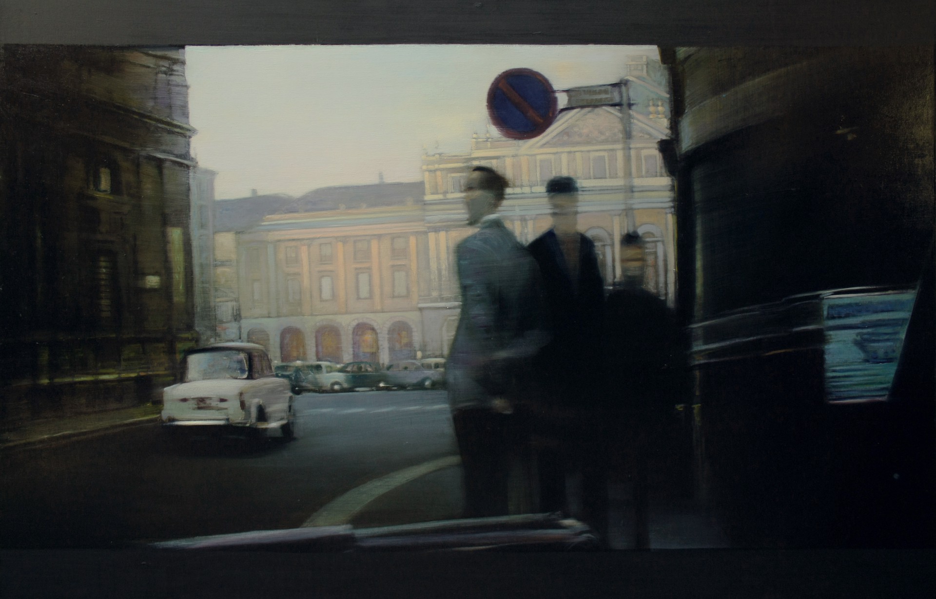 A painting of two men walking down a city street.