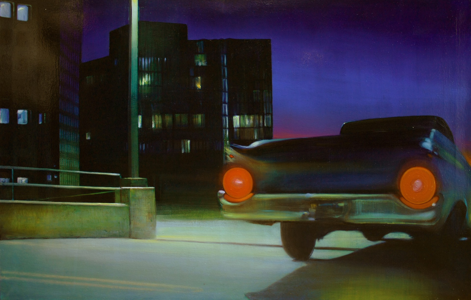A painting of a car parked on the side of a road.