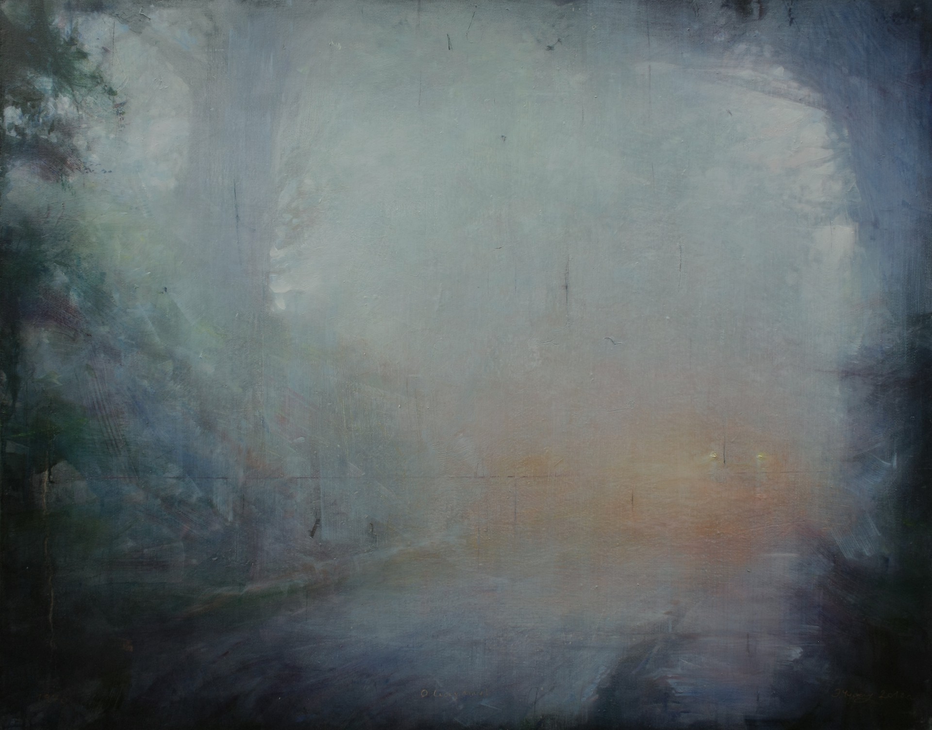 A painting of a dark and foggy landscape with trees in the background.