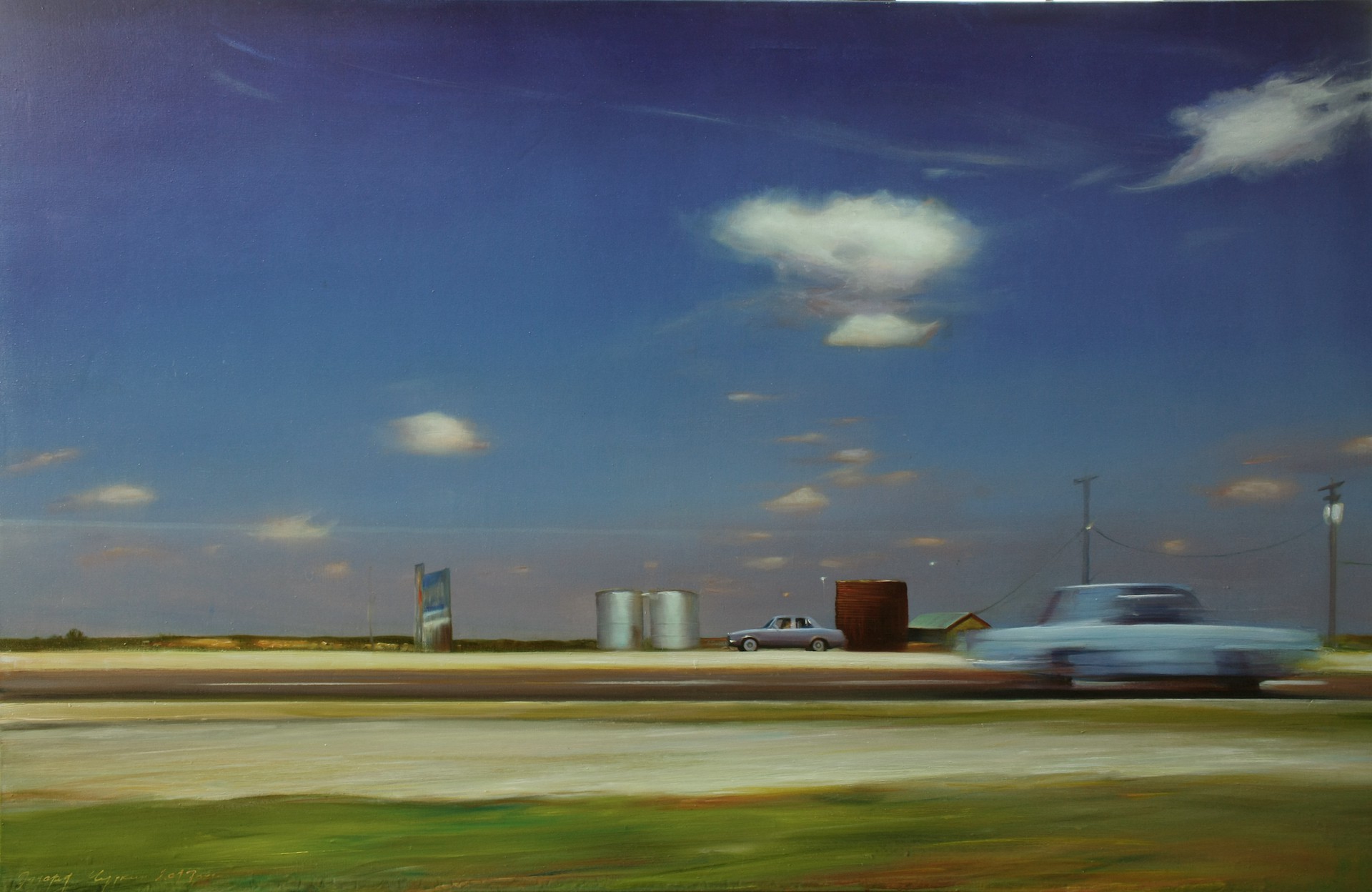 A painting of a car driving down a dirt road.