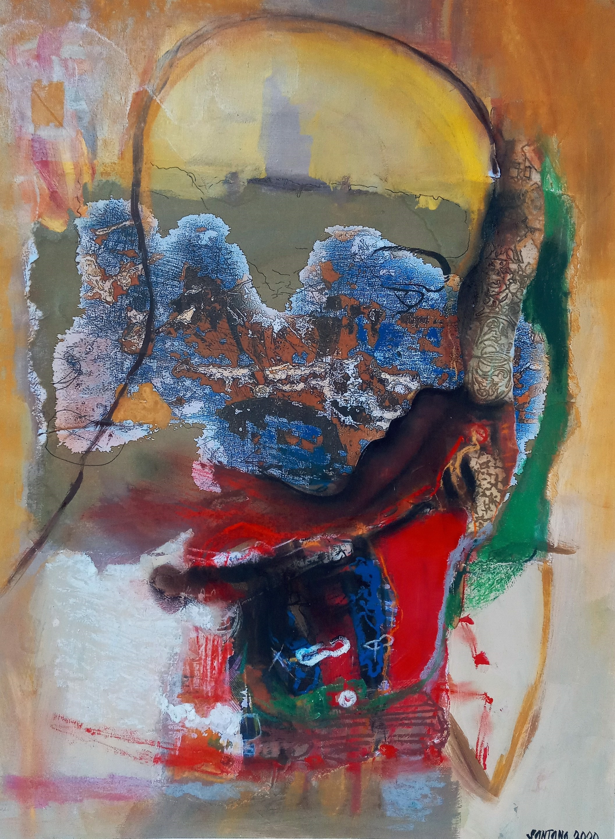 A painting of a man with headphones on his head.