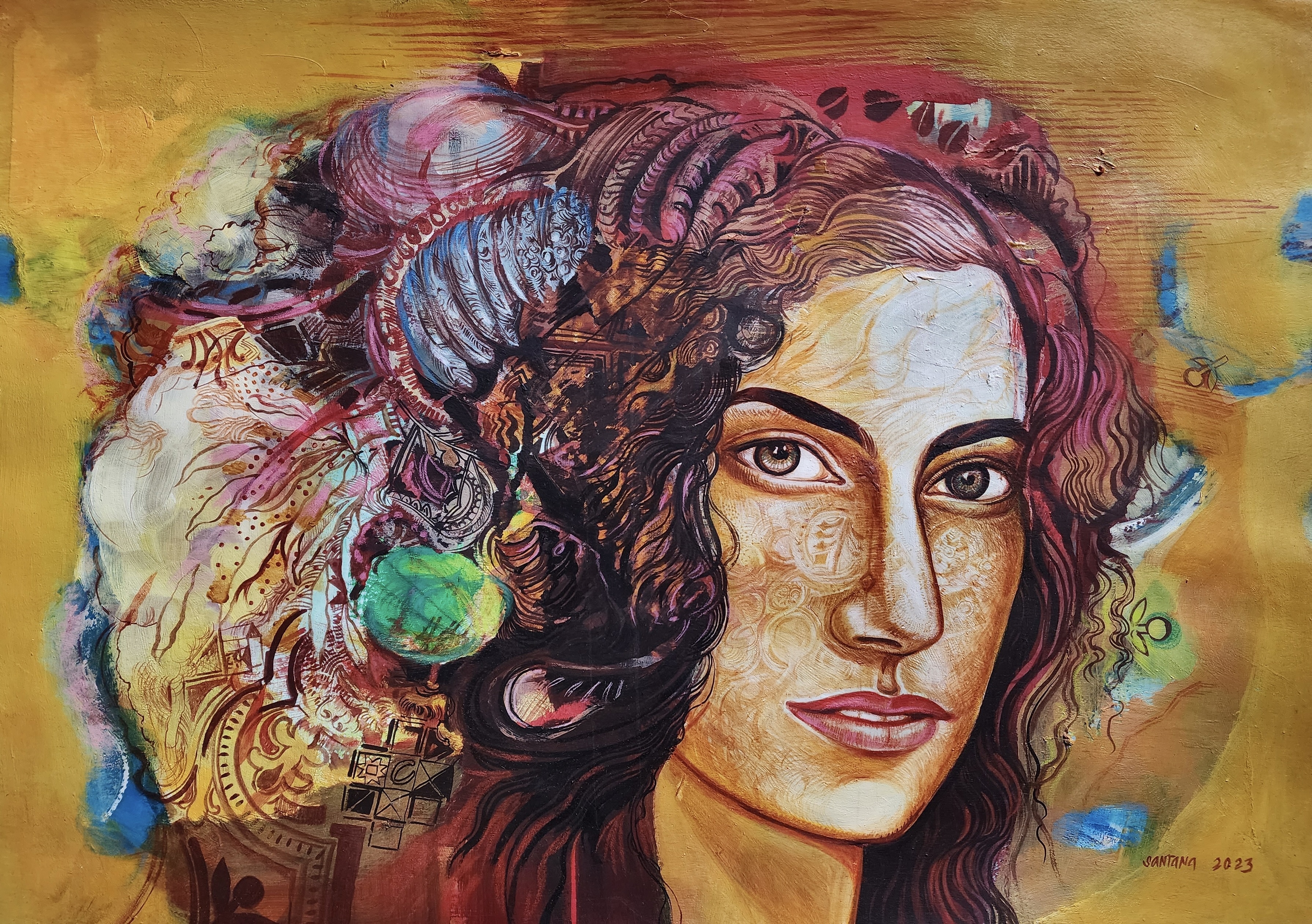 A painting of a woman with long curly hair. 