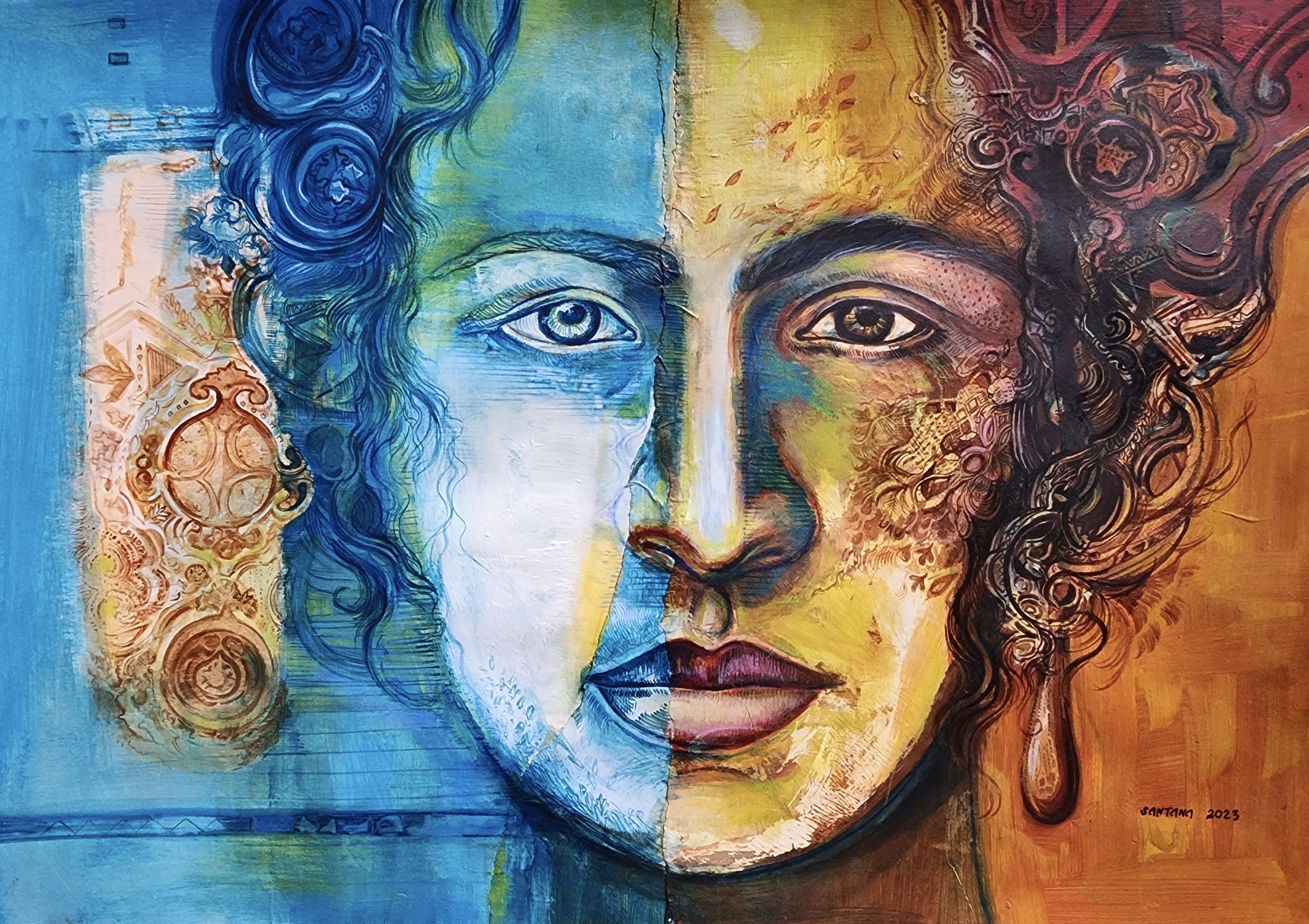 A painting of a woman's face with curly hair.