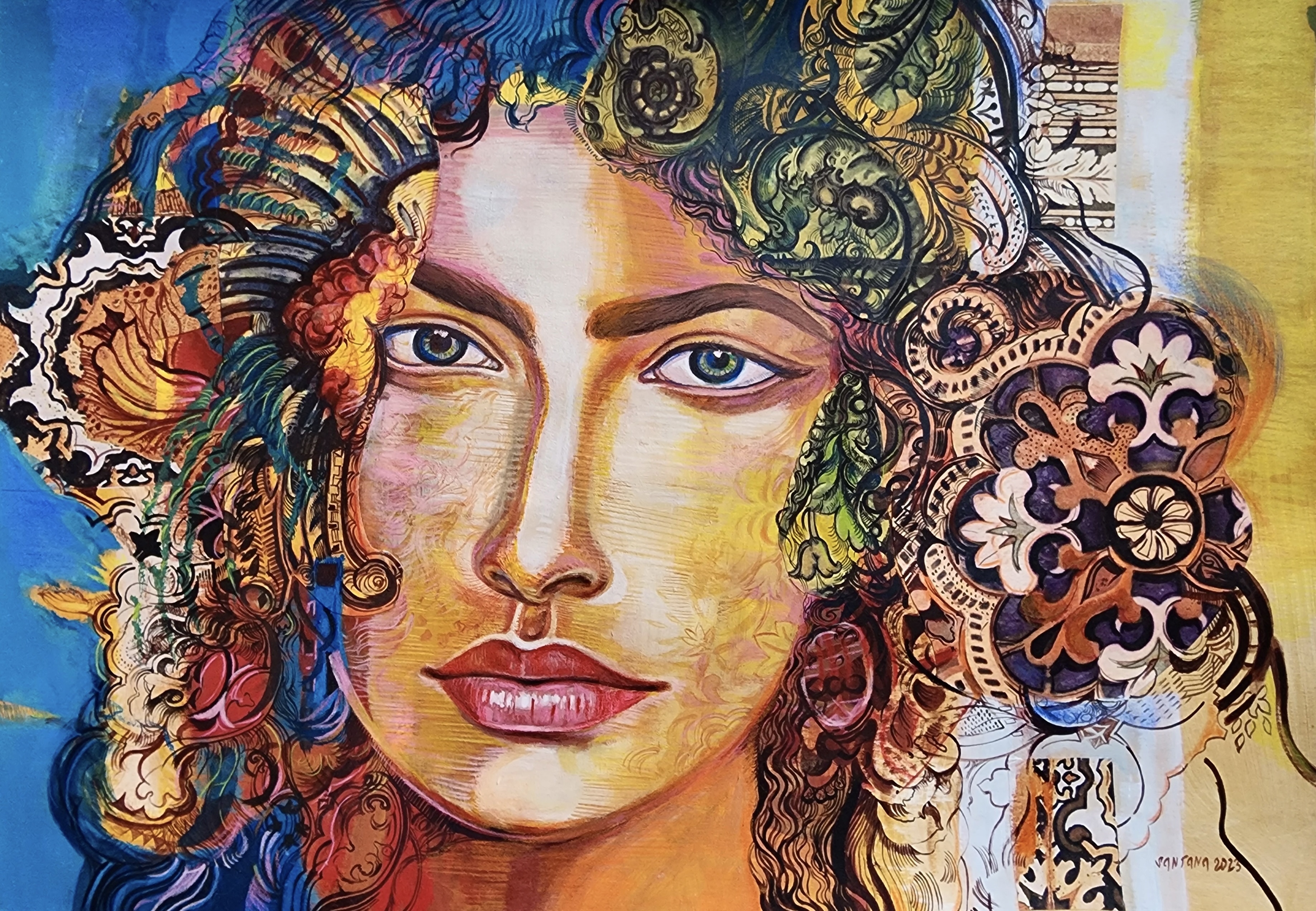 A painting of a woman with a flower in her hair.
