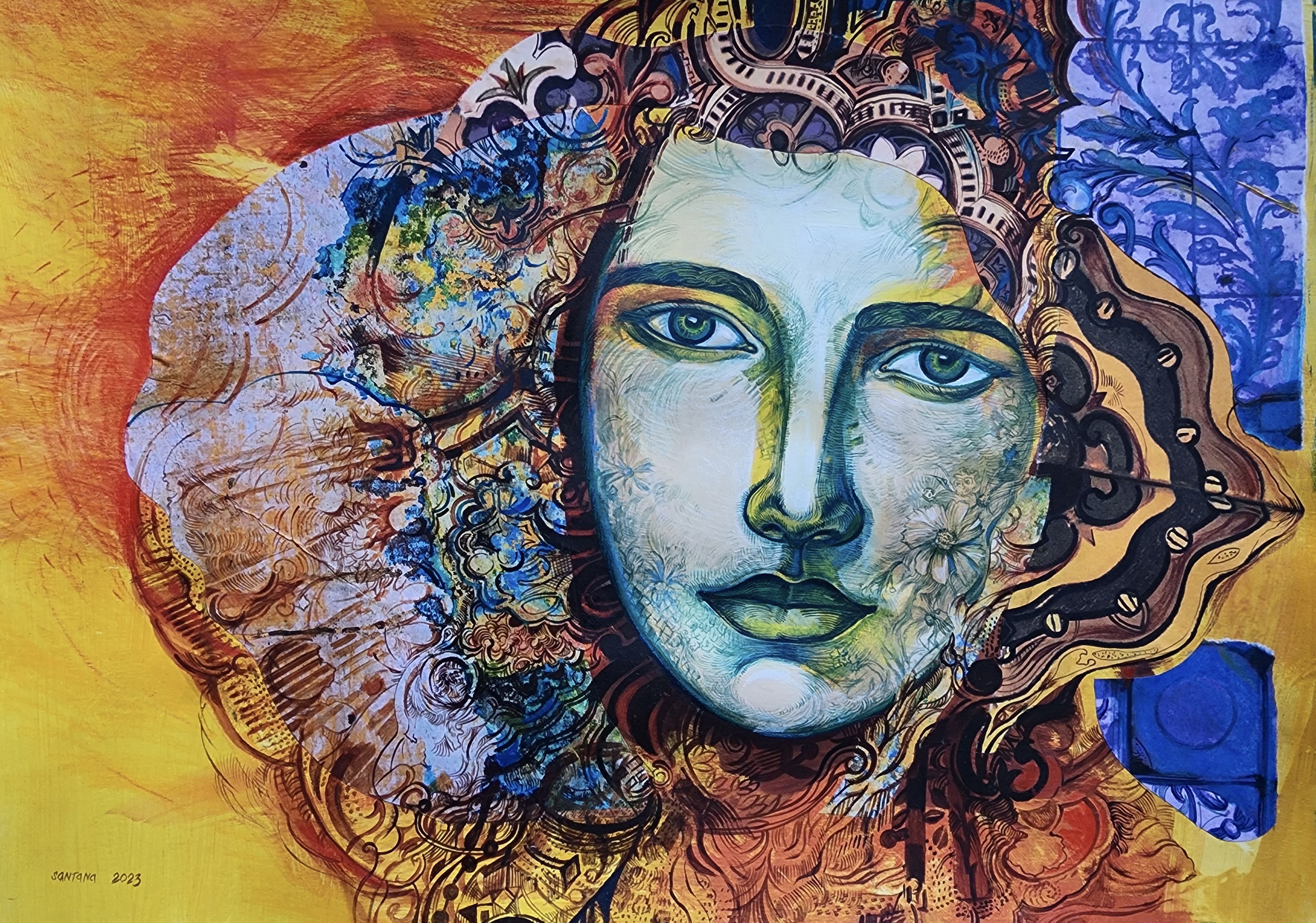 A painting of a woman's face on a yellow background.