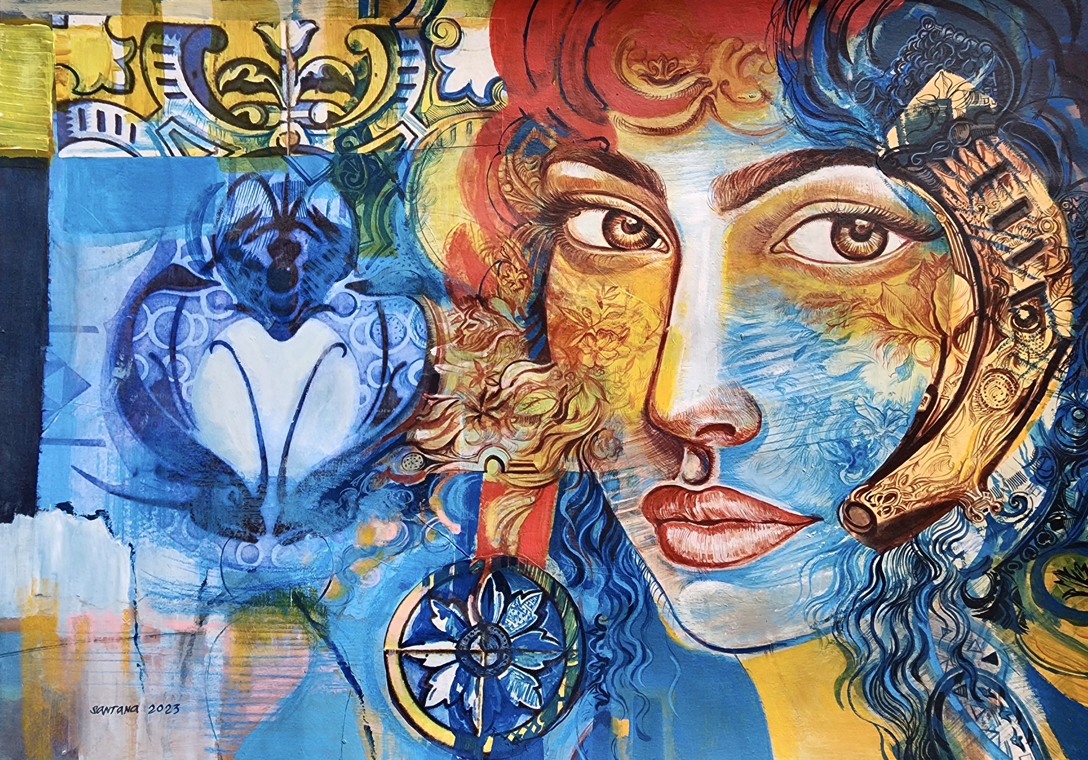 A painting of a woman's face on a wall. 