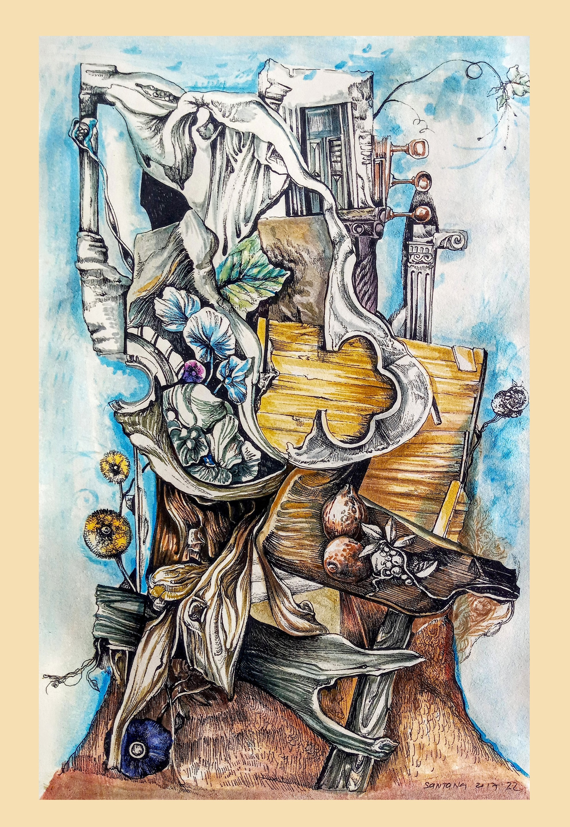 A drawing of a chair with a bunch of flowers on it.
