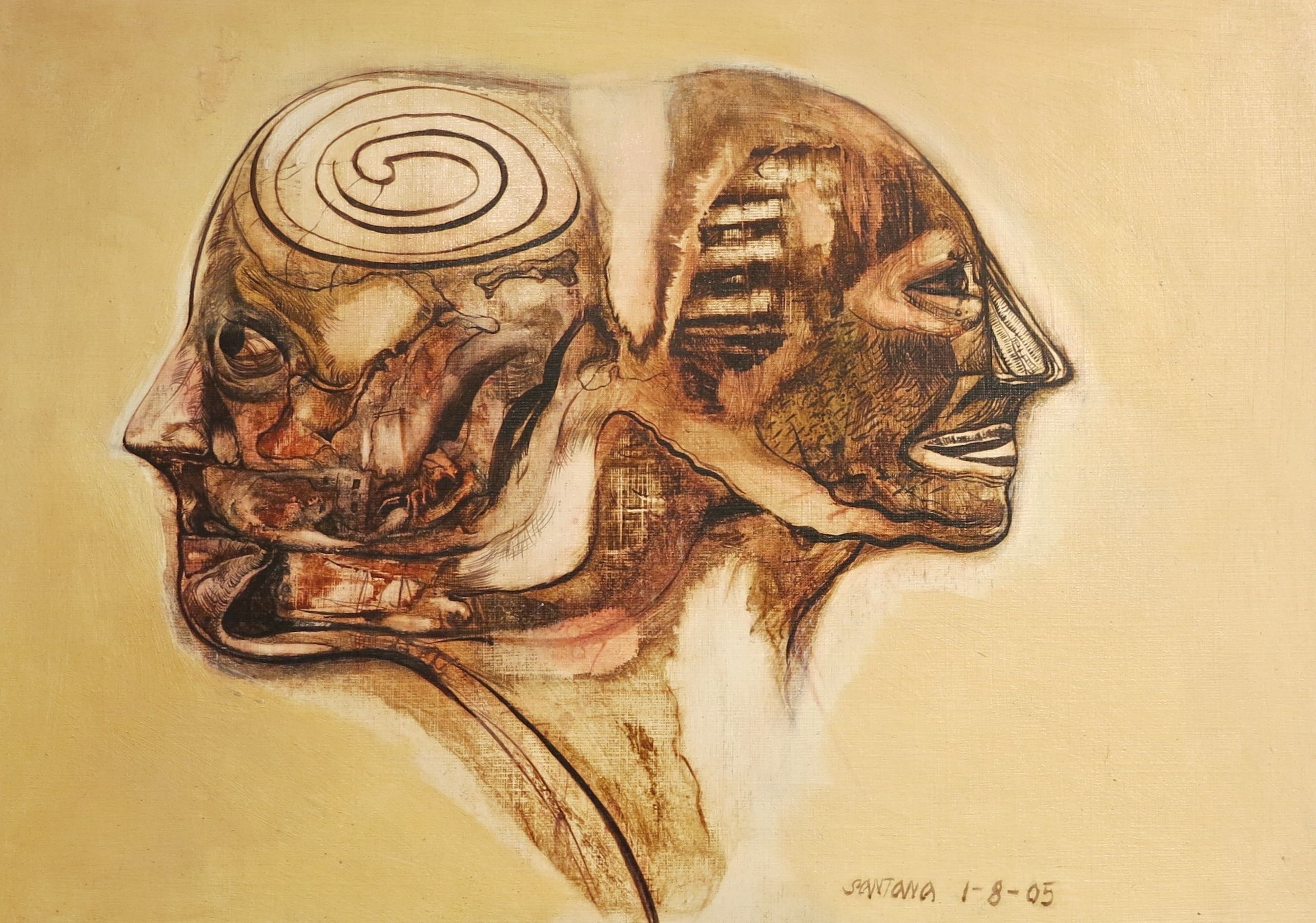 A drawing of a man's head with a spiral design on it.