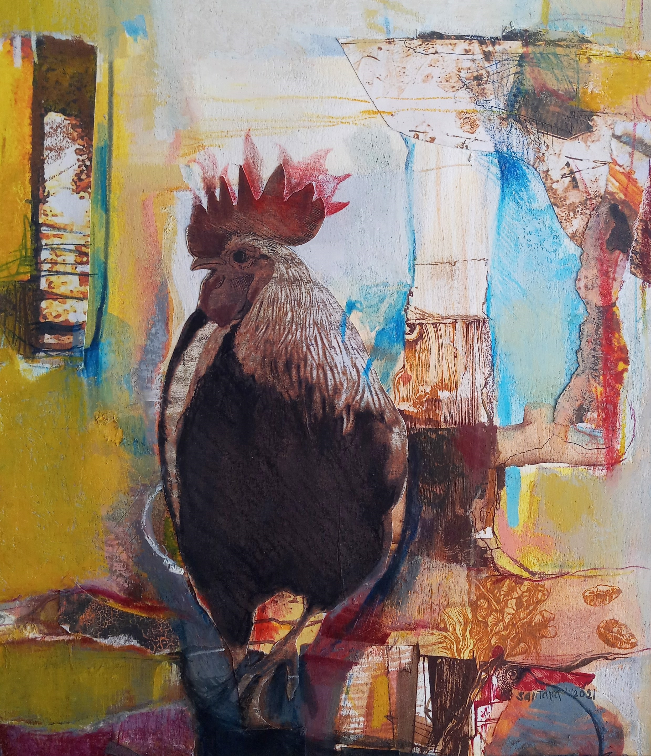 A painting of a rooster sitting on top of a table.