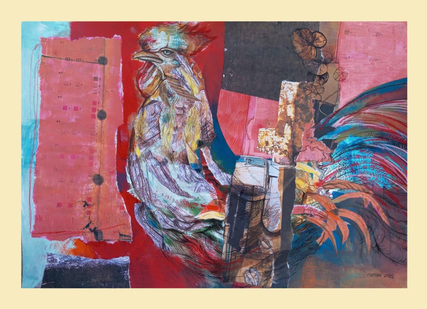 A painting of a rooster sitting on top of a table.