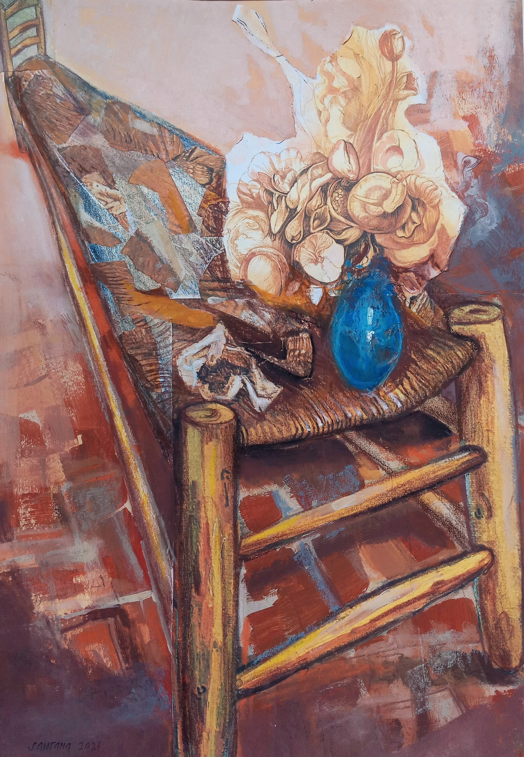 A painting of a chair with a vase of flowers on it.