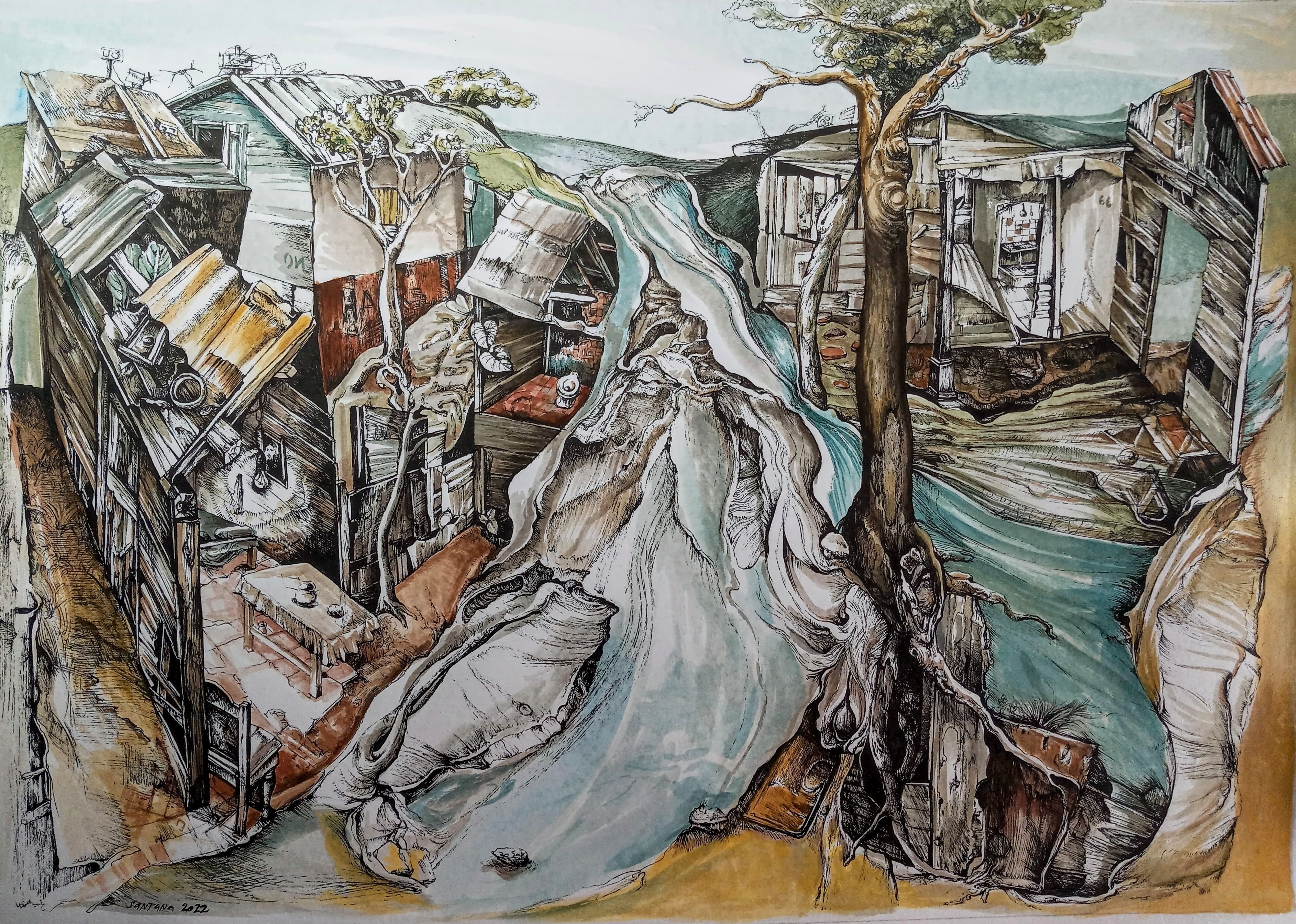 A drawing of a waterfall in the middle of a city.