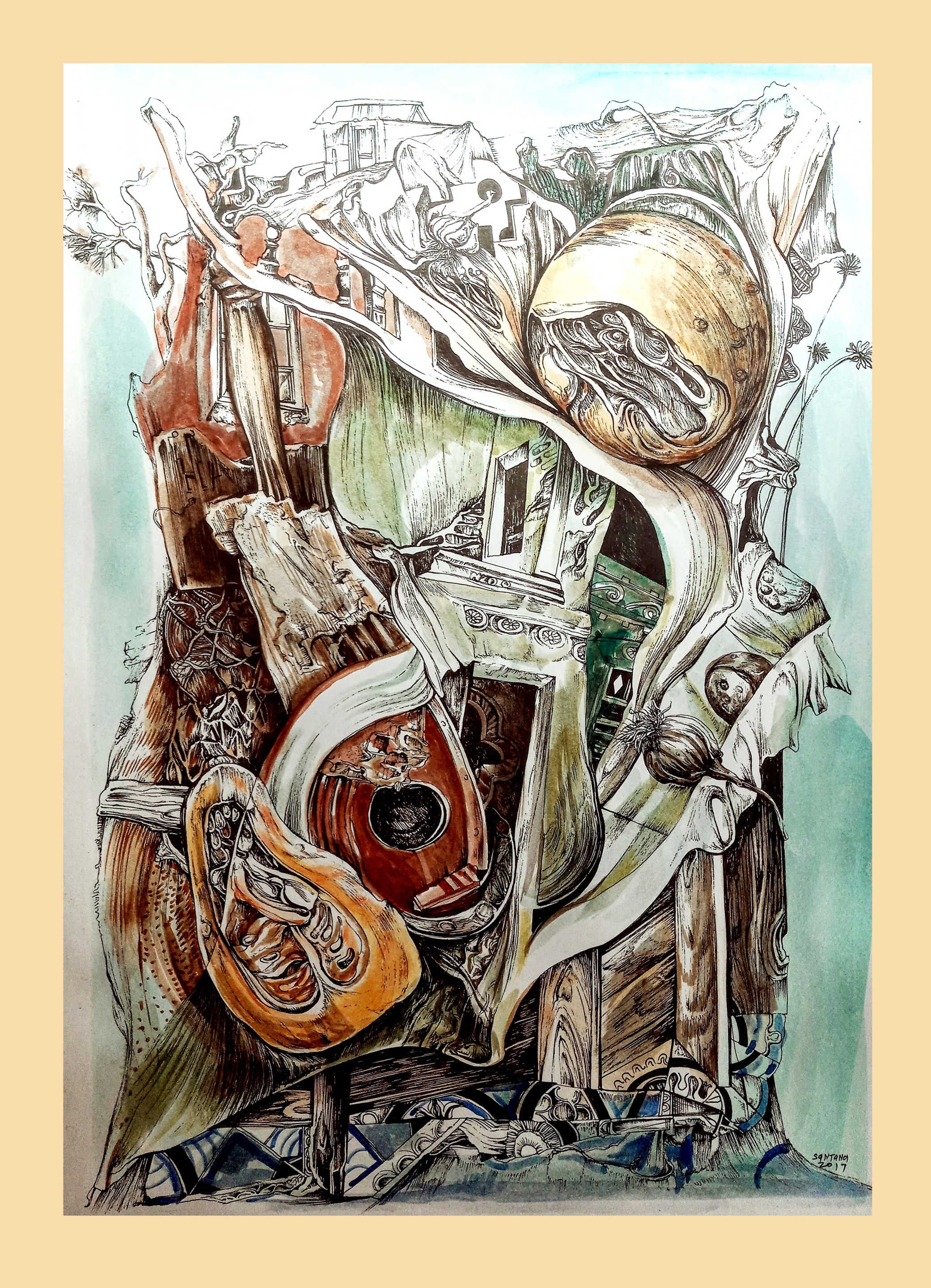 A drawing of a guitar and other musical instruments on a table.