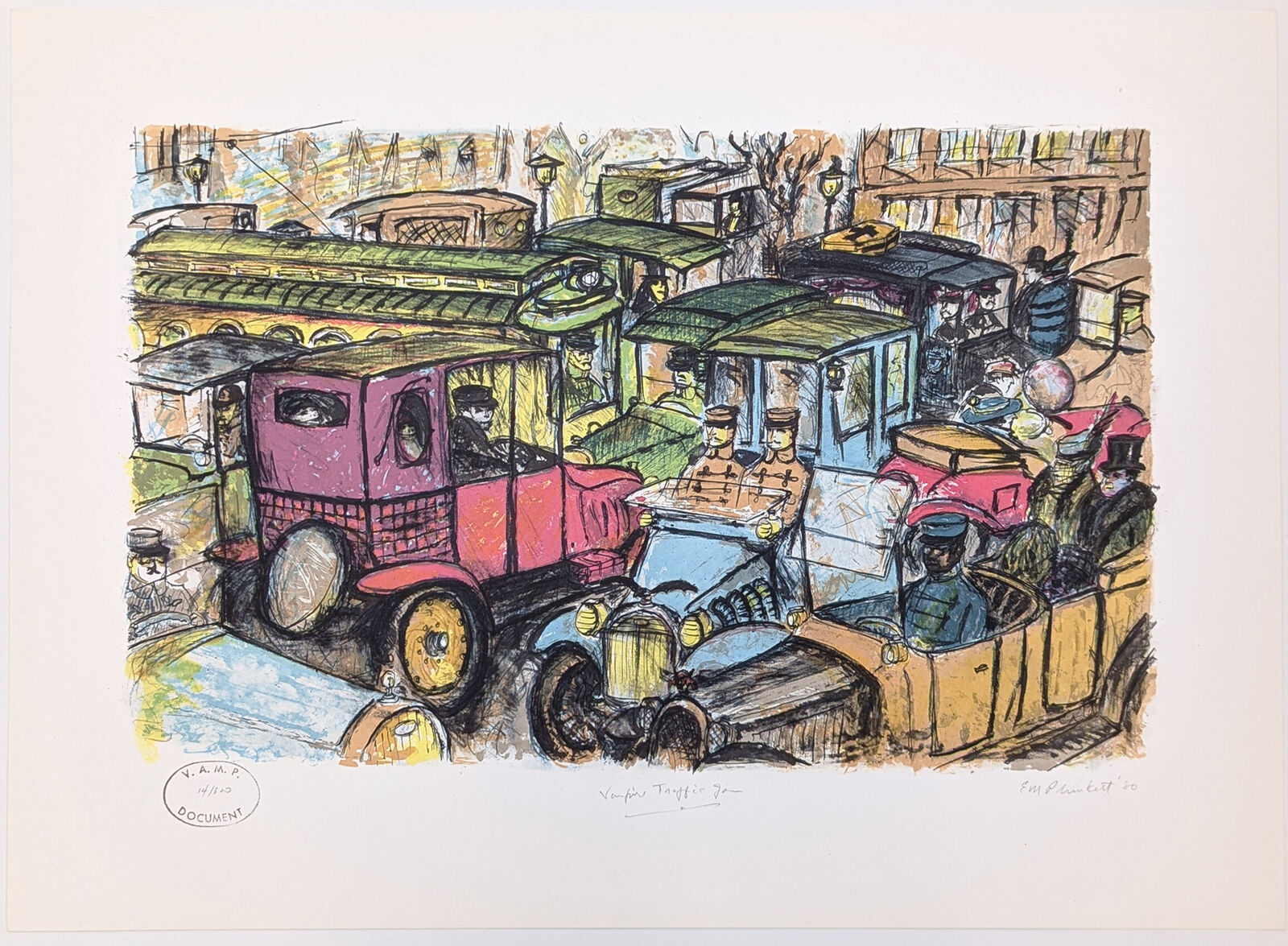 A drawing of a group of people riding in a car on a city street.