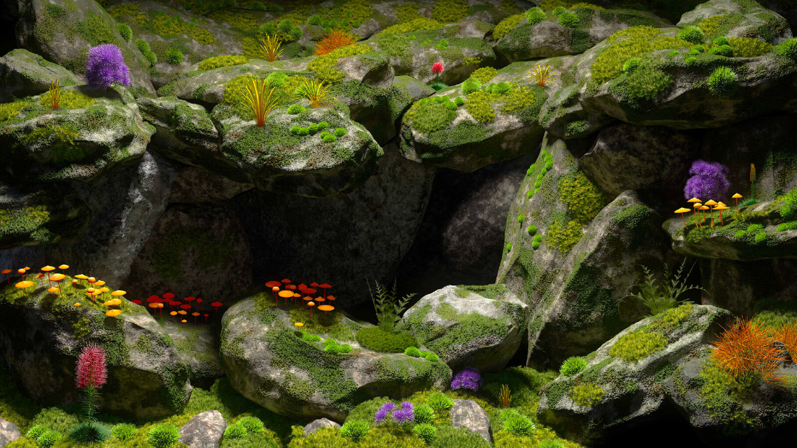 A rock wall covered in green moss and colorful flowers.