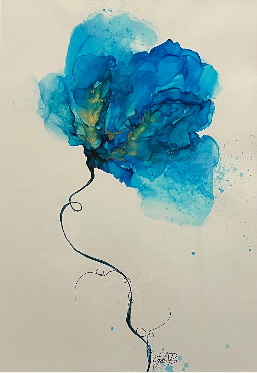 A fluid abstract piece featuring a blue, cloud-like mass suspended by a dark, twisting line.