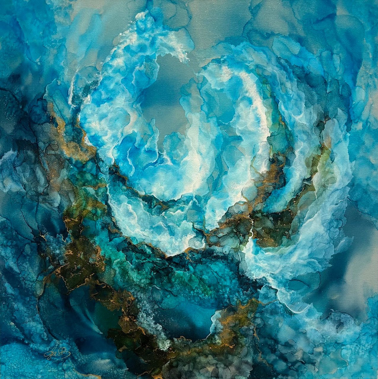 A swirling abstract composition of deep blues, teals, and gold accents resembling a cosmic vortex or liquid marble.