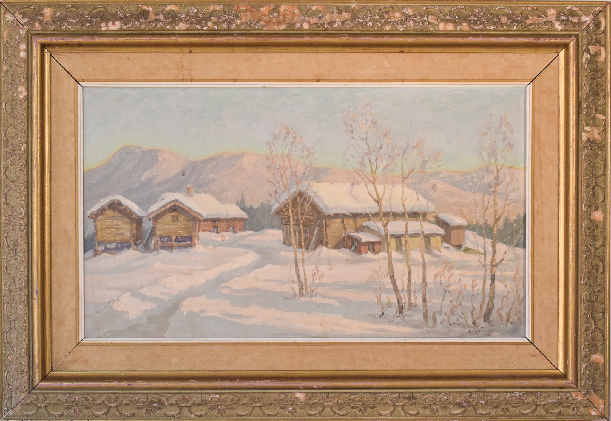 A painting of a snowy landscape with houses in the background.