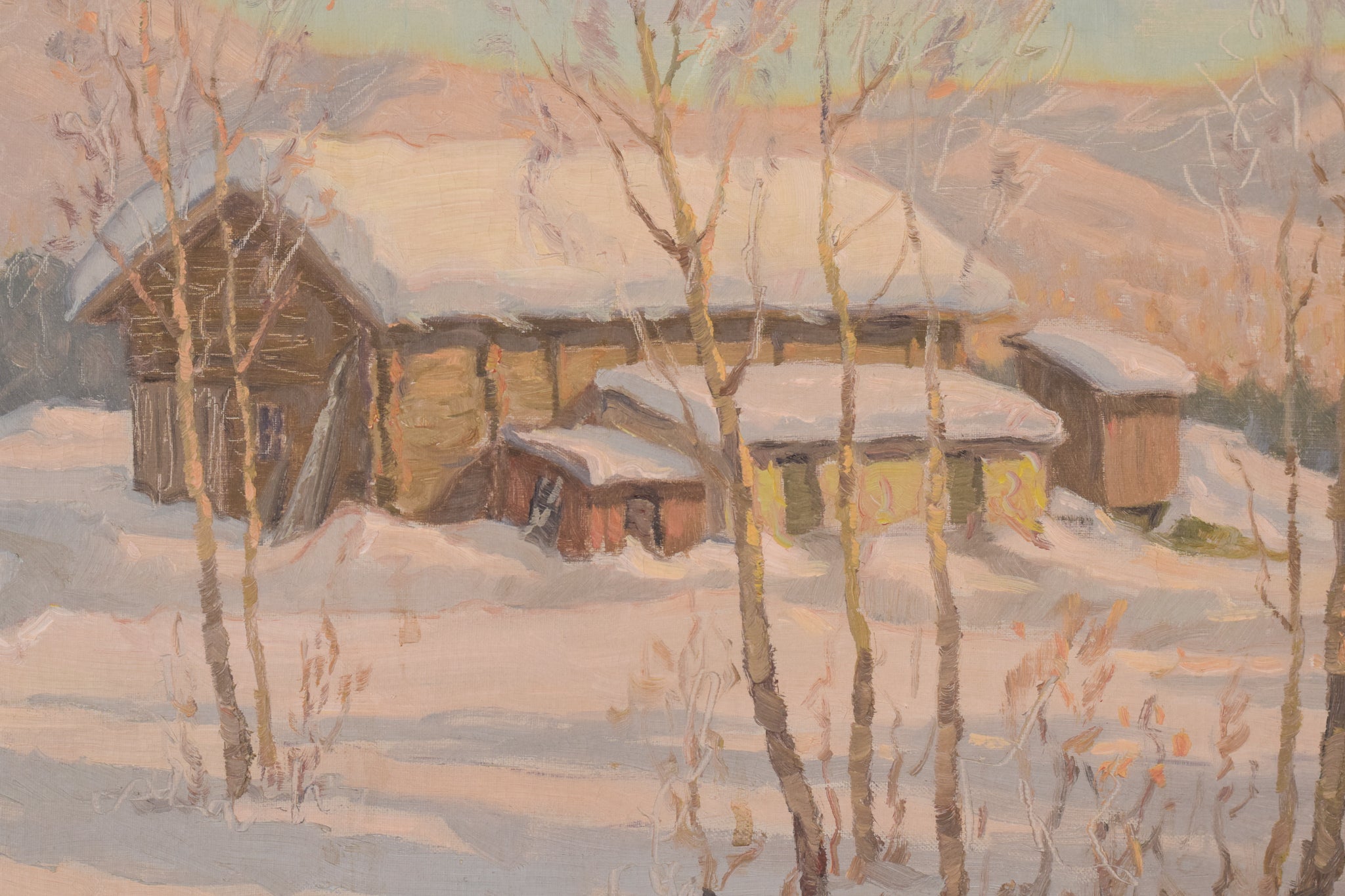 A painting of a snowy landscape with houses in the background.